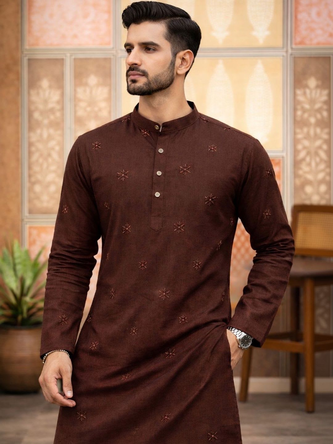 House of Pataudi Embroidered Mandarin Collar Knee Length Straight Kurta - back view