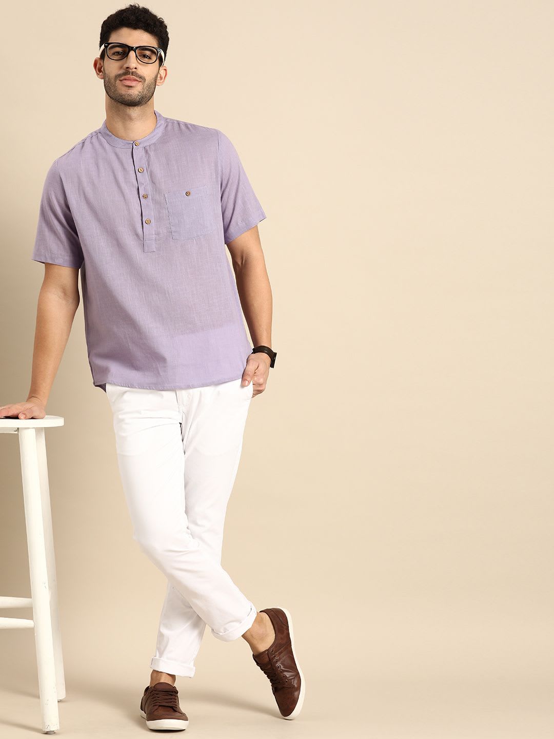 Anouk Men Lavender Cotton Textured Mandarin Collar Short Kurta with Pocket Detail - default view