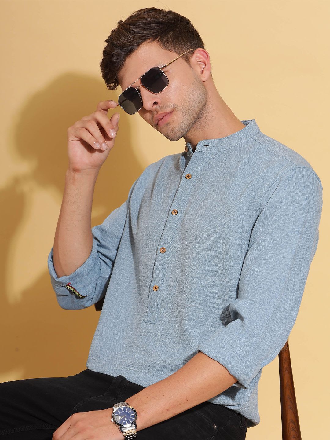 HERE&NOW Band Collar Cuffed Sleeves Straight Short Kurta - default view