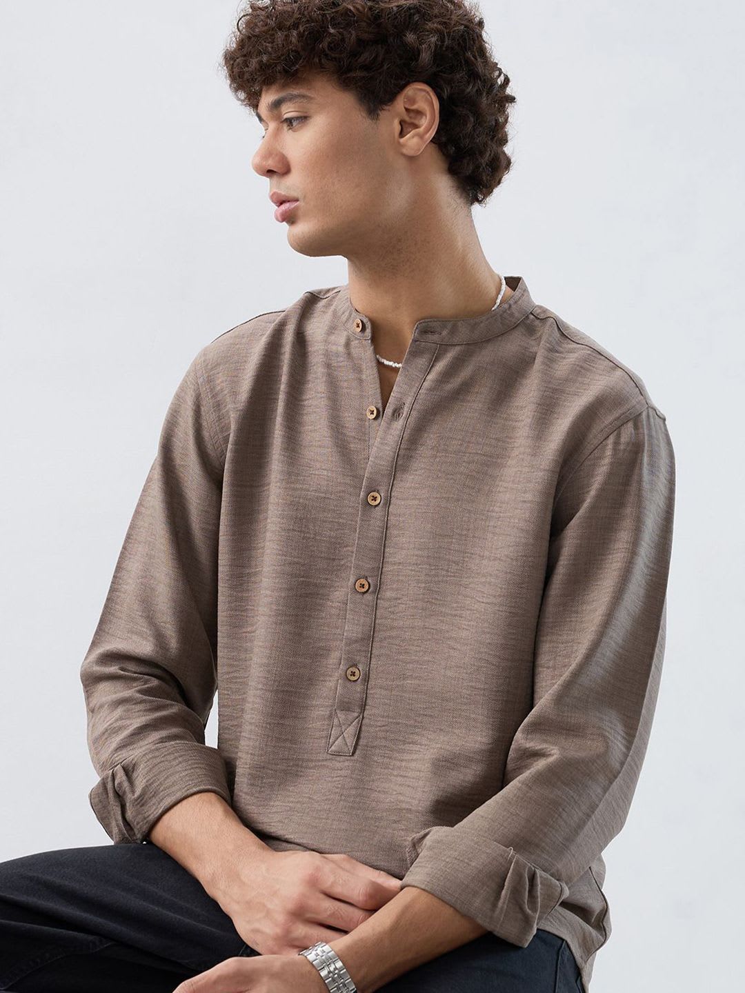 HERE&NOW Band Collar Roll-Up Sleeves Straight Kurta - default view