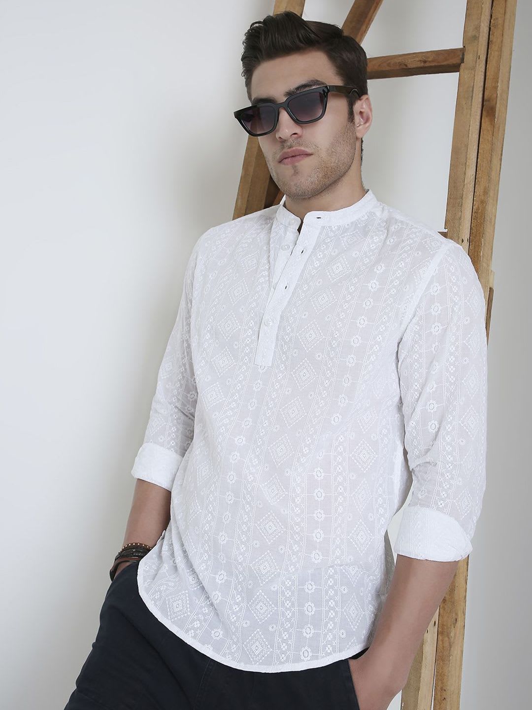 VASTRADO Floral White Geometric Embroidered Band Collar Thread Work Straight Cotton Kurta - default view