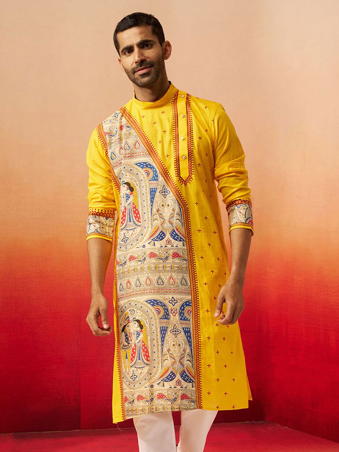 VASTRAMAY Men Cotton Printed Angrakha Embroidered Straight Kurta - default view