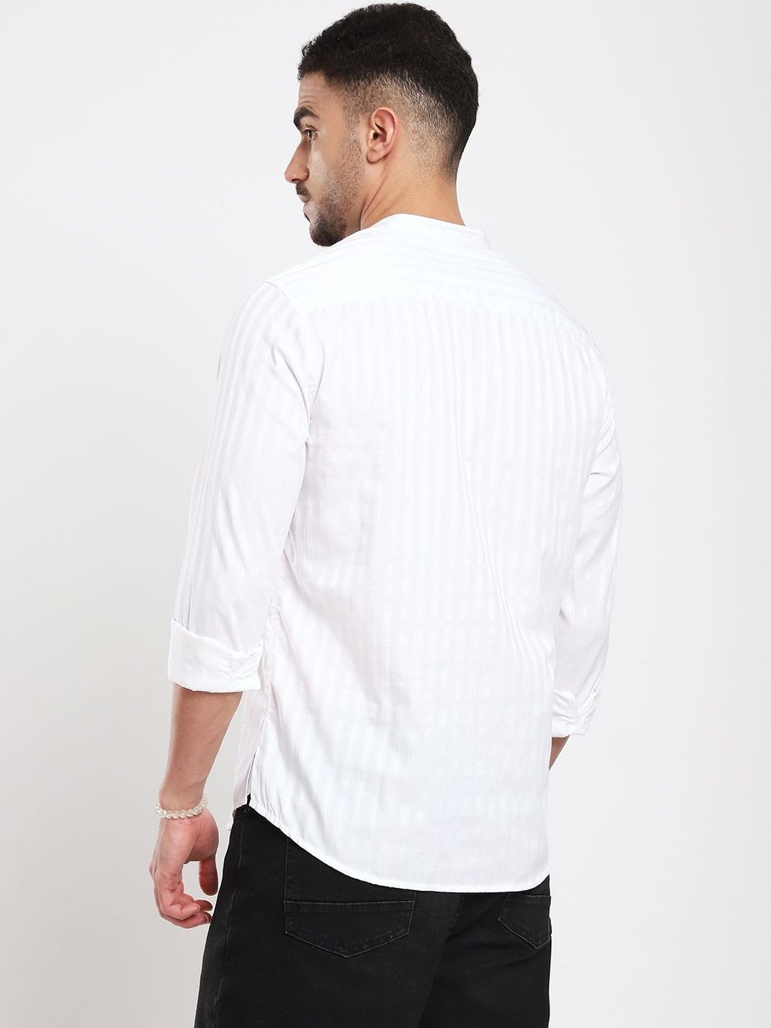 VASTRADO Luminous Pearl White Striped Kurta - left view