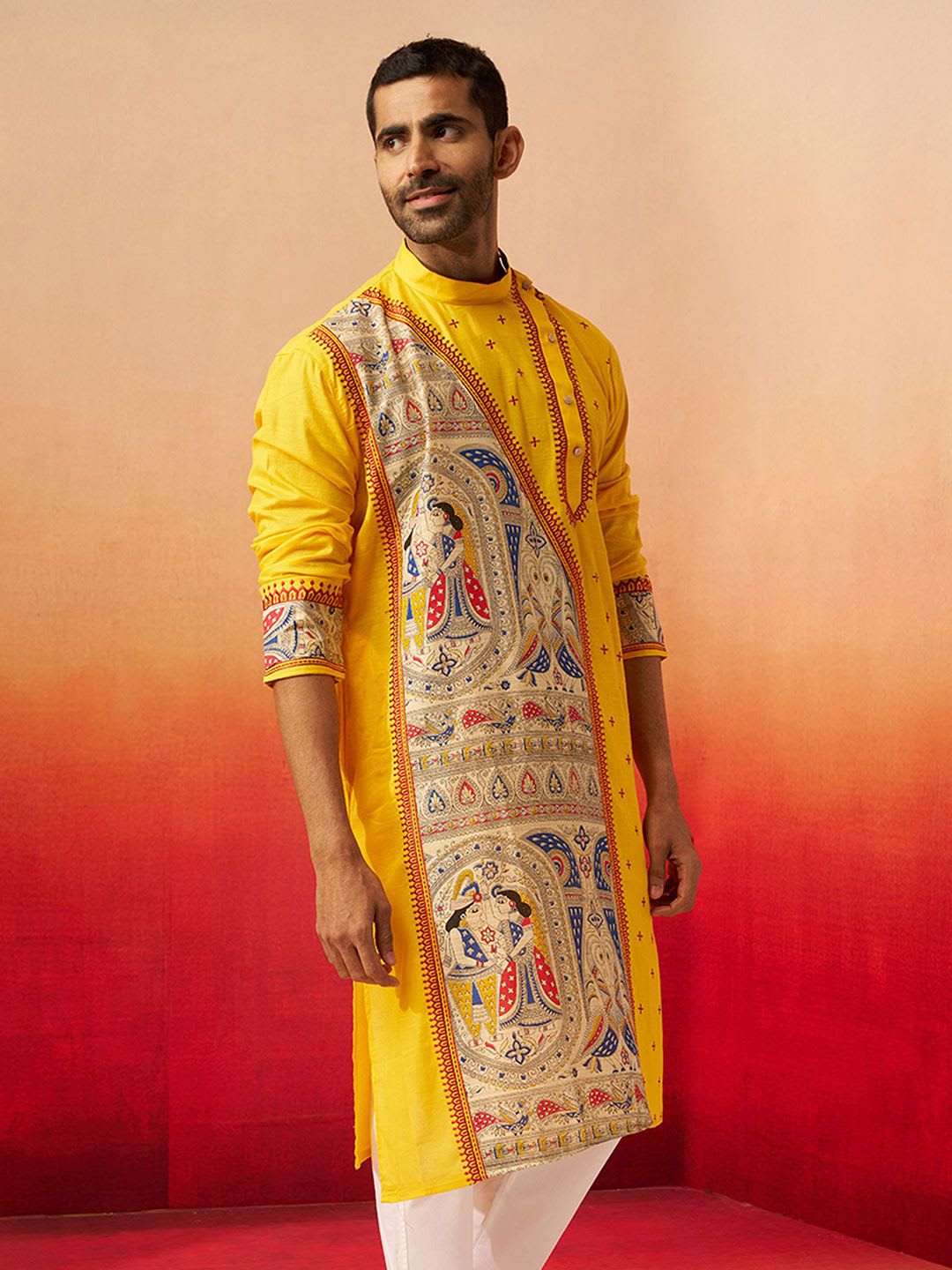 VASTRAMAY Men Cotton Printed Angrakha Embroidered Straight Kurta - back view