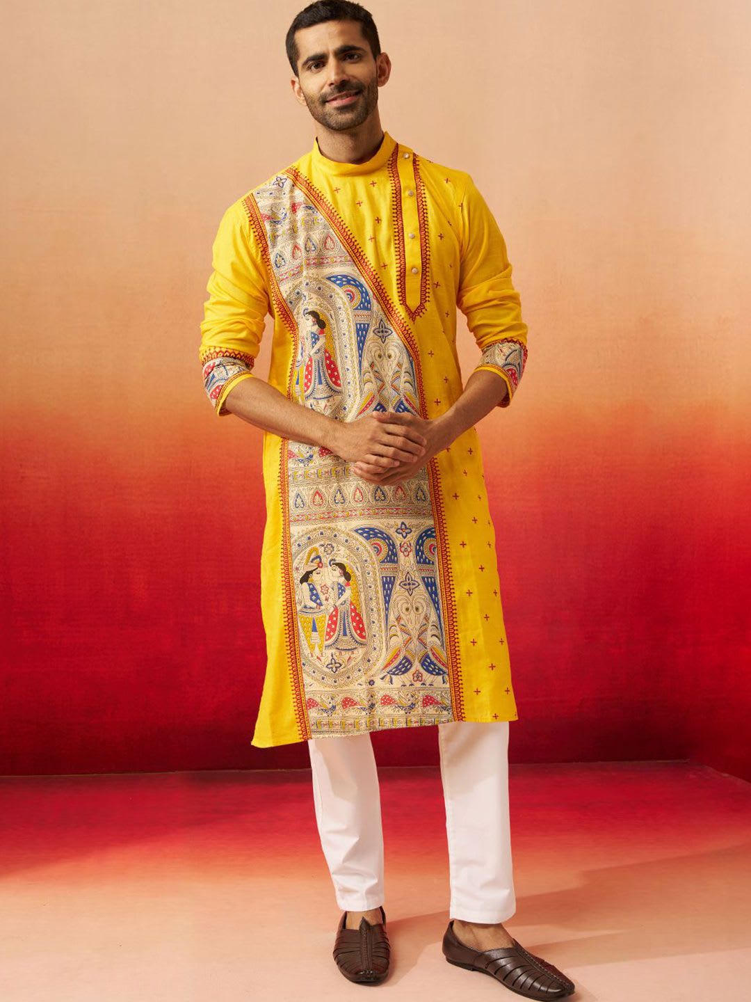 VASTRAMAY Men Cotton Printed Angrakha Embroidered Straight Kurta - left view