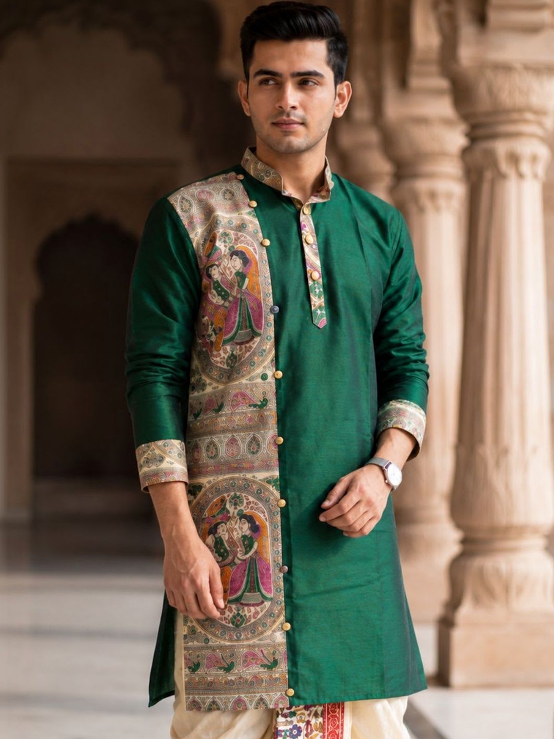 GOURI COLLECTIONS Men Madhubani Printed Khadi Silk straight Kurta - default view
