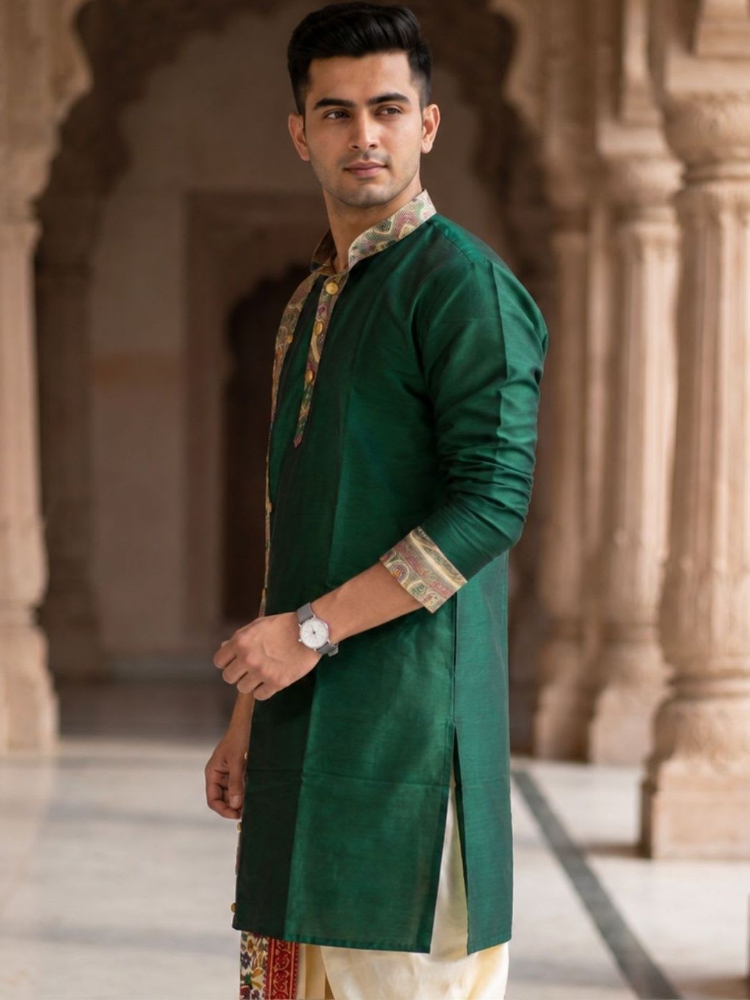 GOURI COLLECTIONS Men Madhubani Printed Khadi Silk straight Kurta - right view