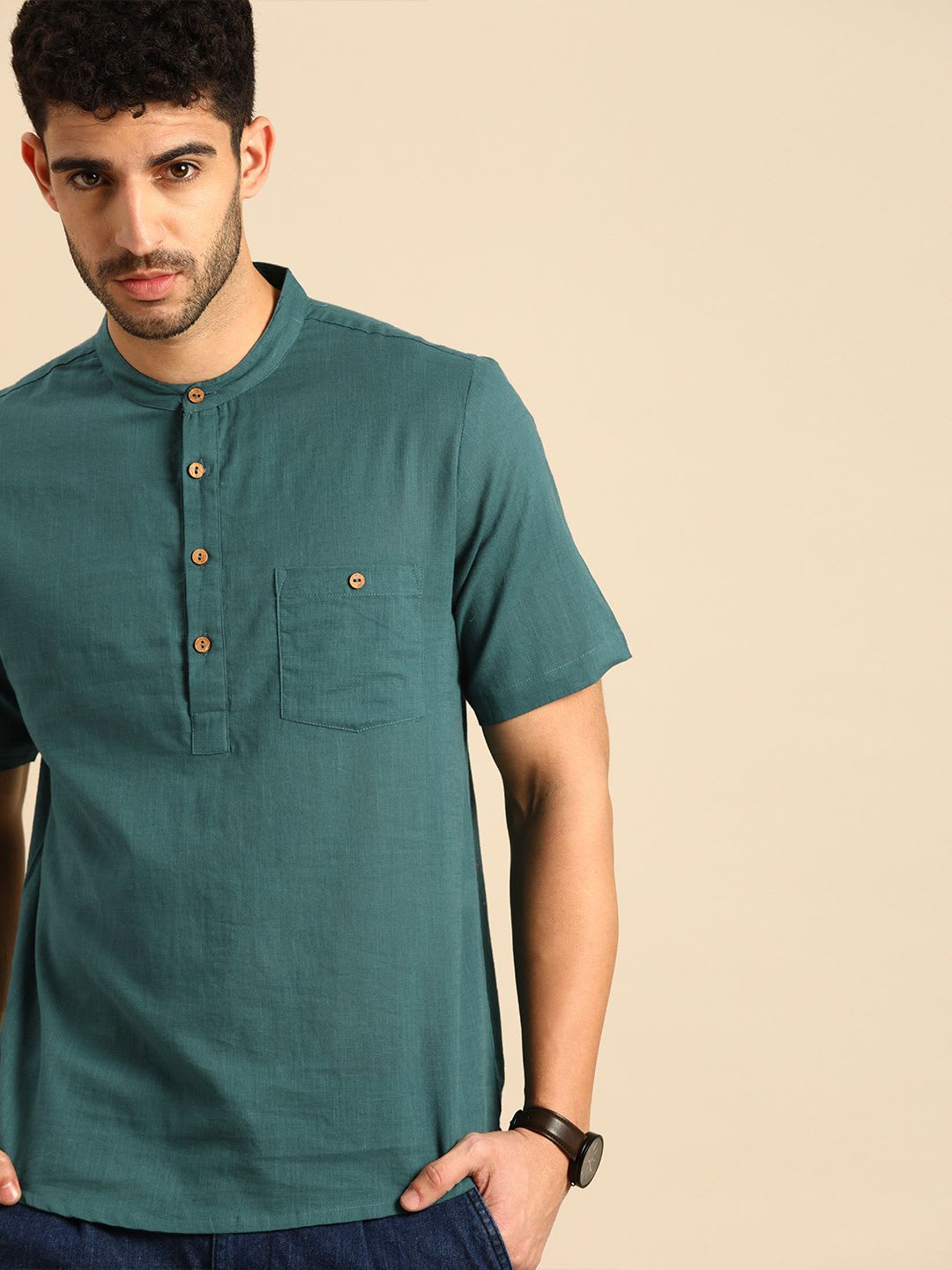 Anouk Men Green Pure Cotton Daily Wear Waist Length Kurta - default view