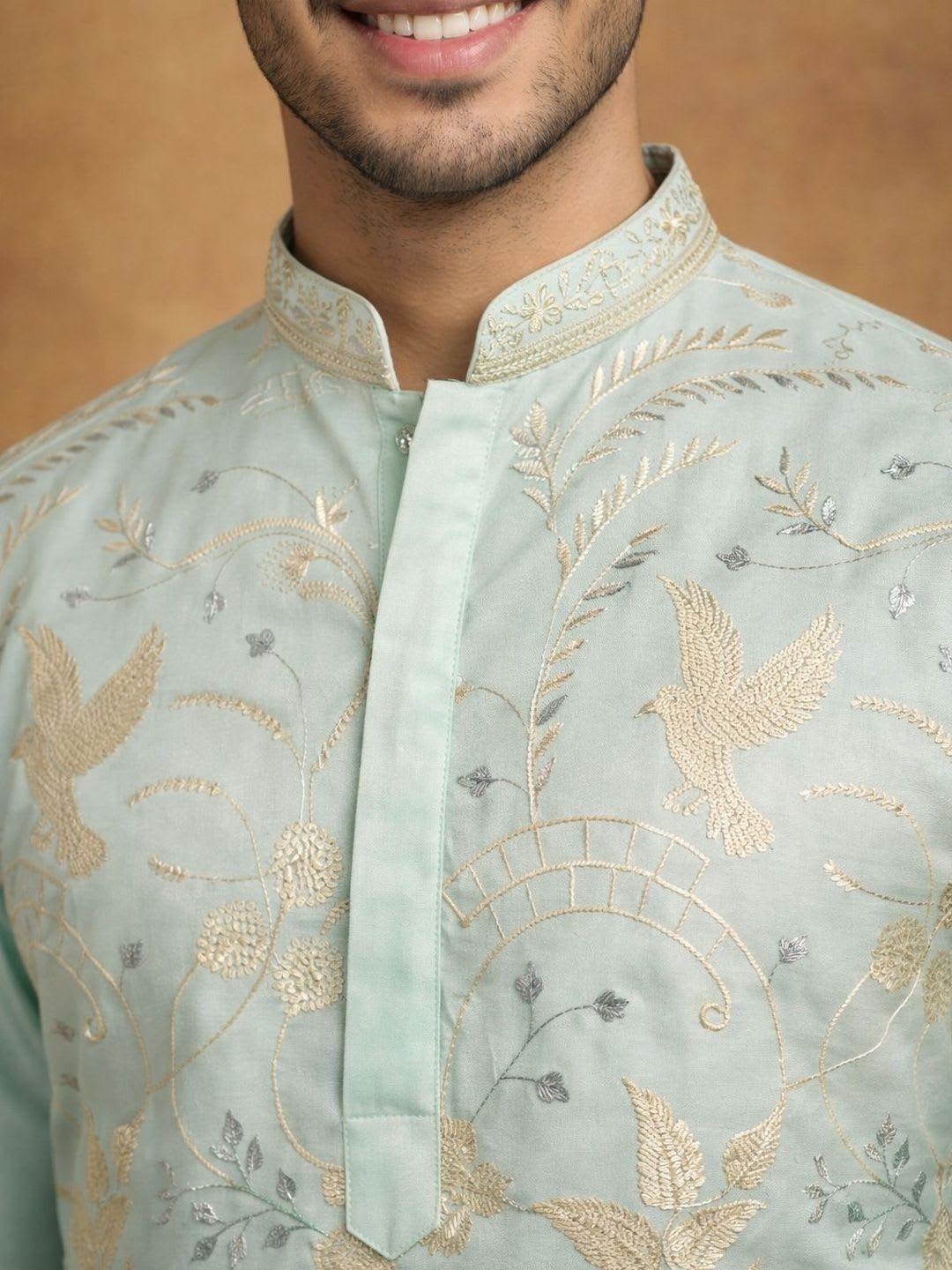 House of Pataudi Embroidered Silk Mandarin Collar Knee Length Straight Kurta - left view