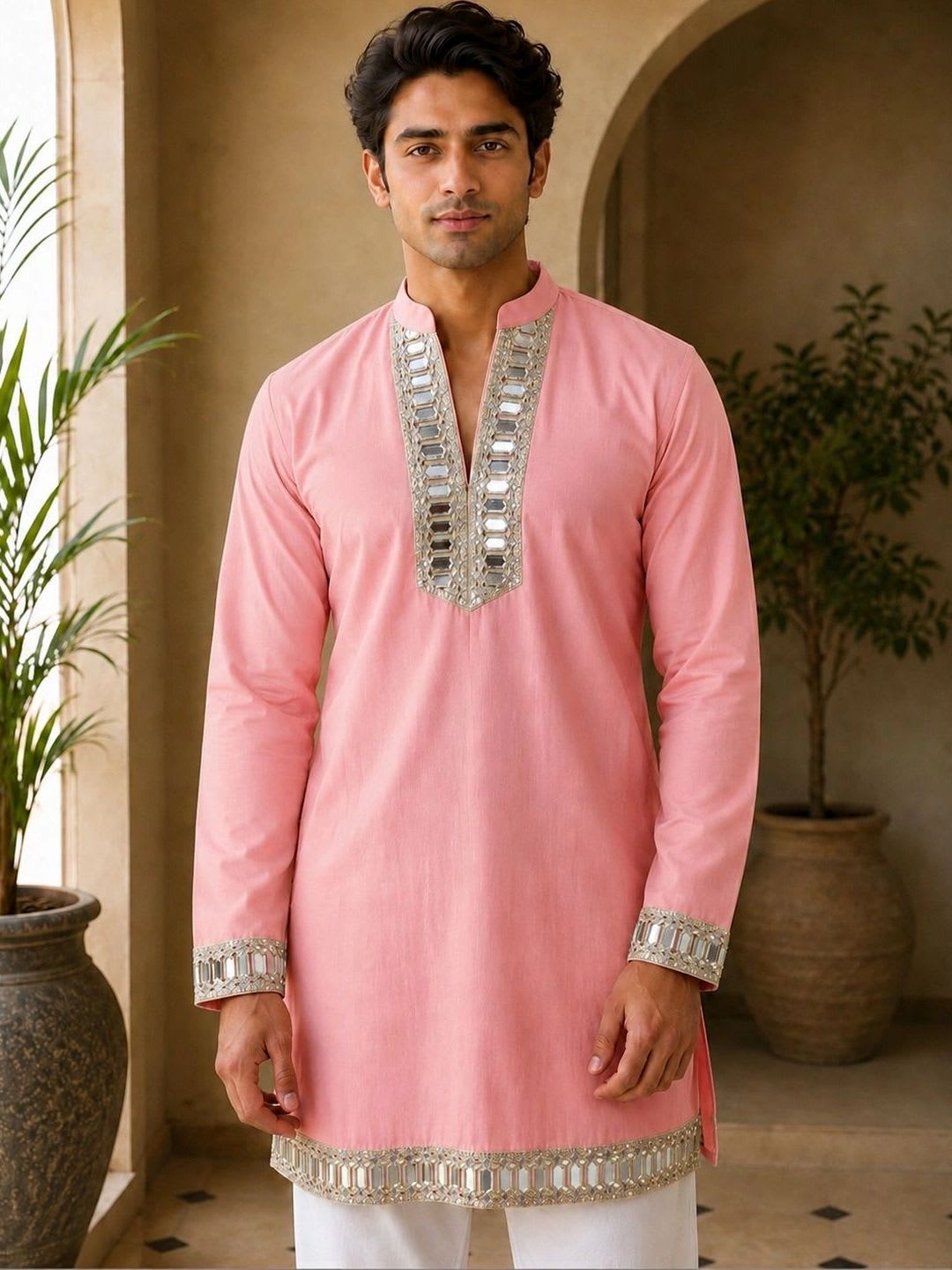 House of Pataudi Men Embellished Mirror Work Kurta - default view