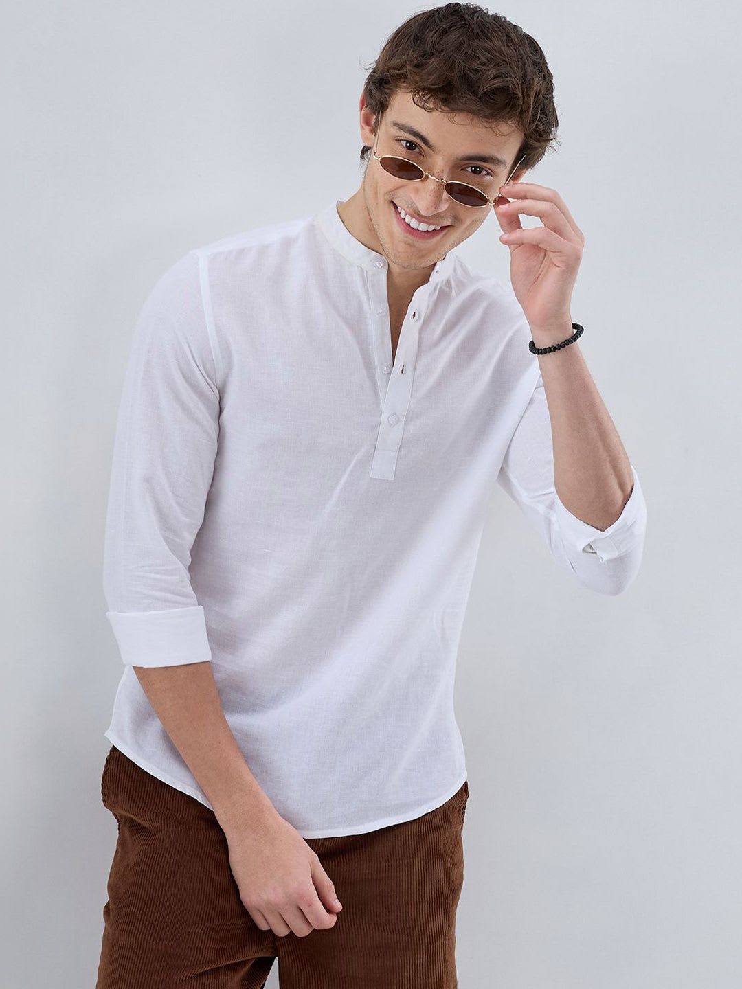 VASTRADO Pearl White Slub Textured Linen Blend Kurta - default view