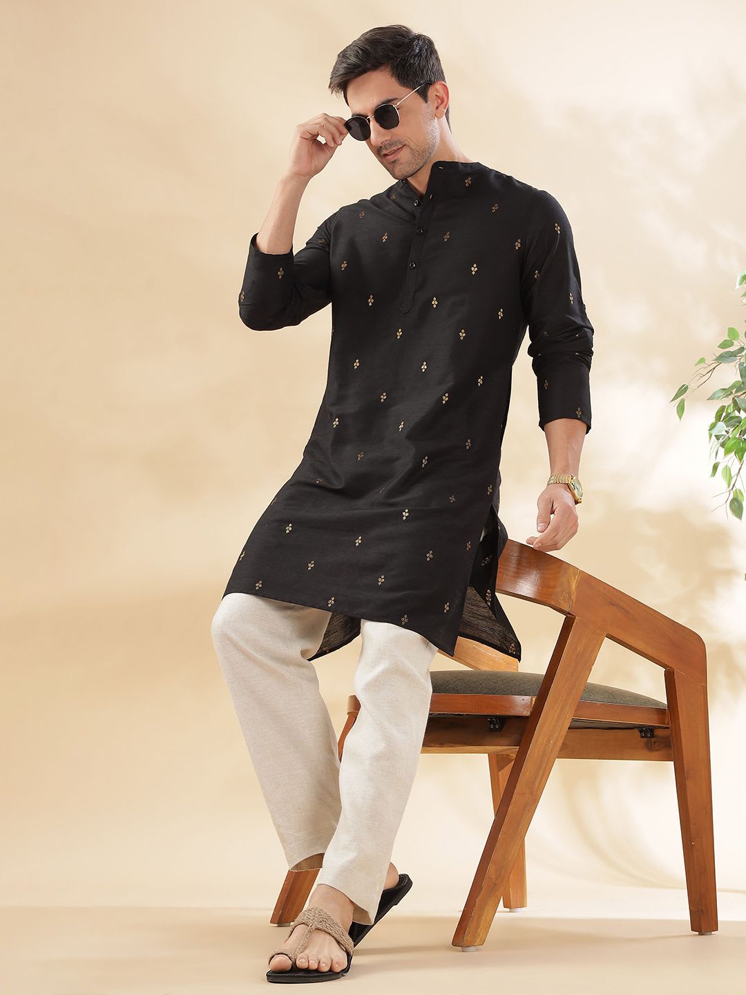 Anouk Men Ethnic Motifs Woven Design Mandarin Collar Thread Work Straight Kurta - default view