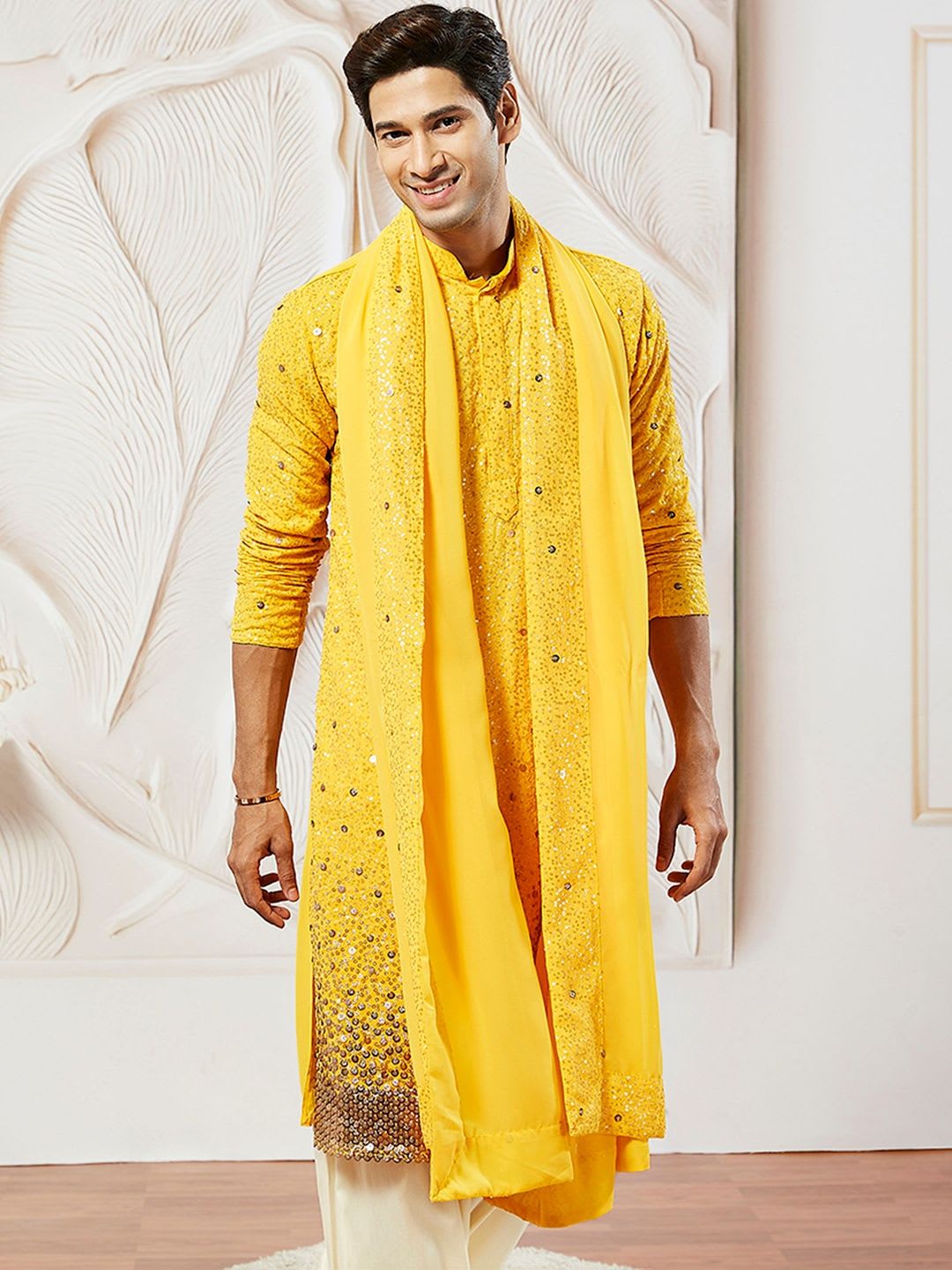 VASTRAMAY Men Yellow Ombre Sequin Georgette Kurta with Dupatta - left view