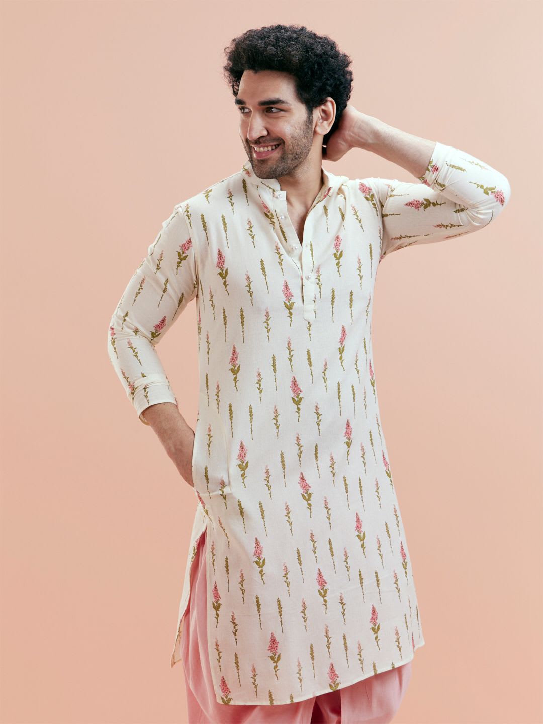 KISAH Men Cream-Coloured & Pink Floral Kurta - default view