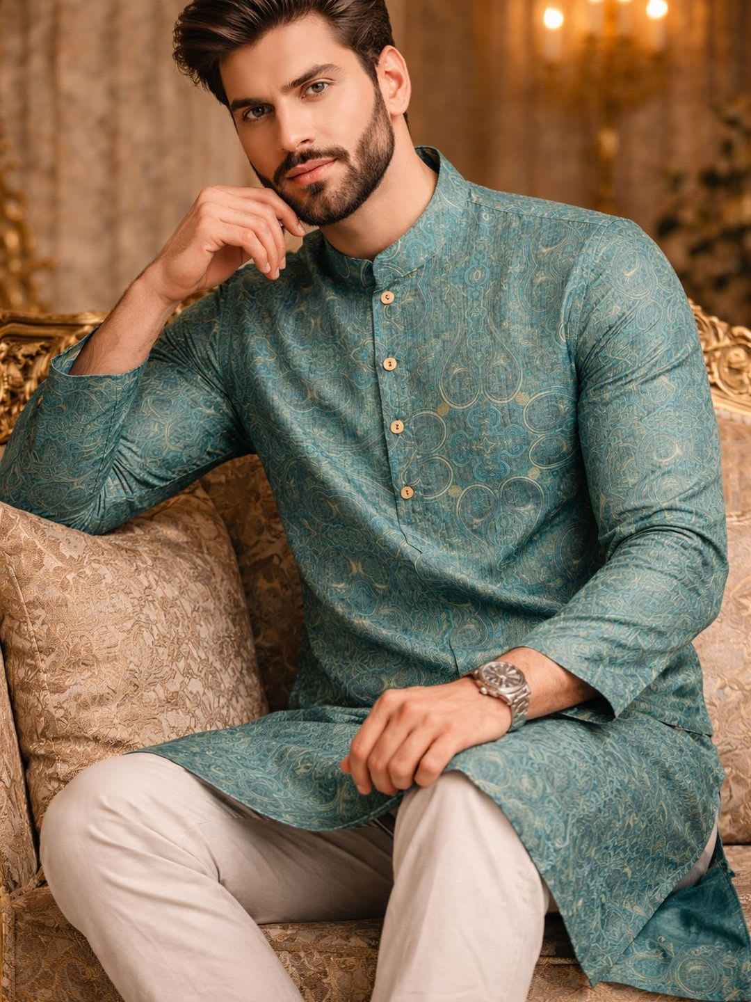House of Pataudi s Teal Green Subtle Gold Ornatal Printed Straight Kurta - back view