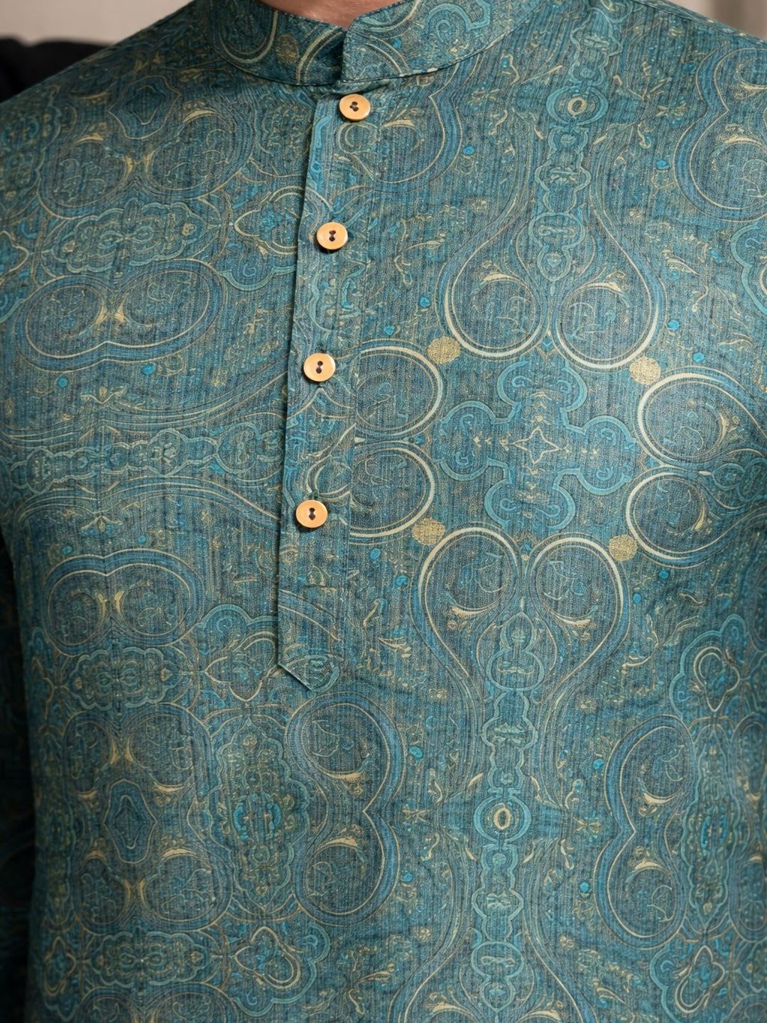 House of Pataudi s Teal Green Subtle Gold Ornatal Printed Straight Kurta - left view