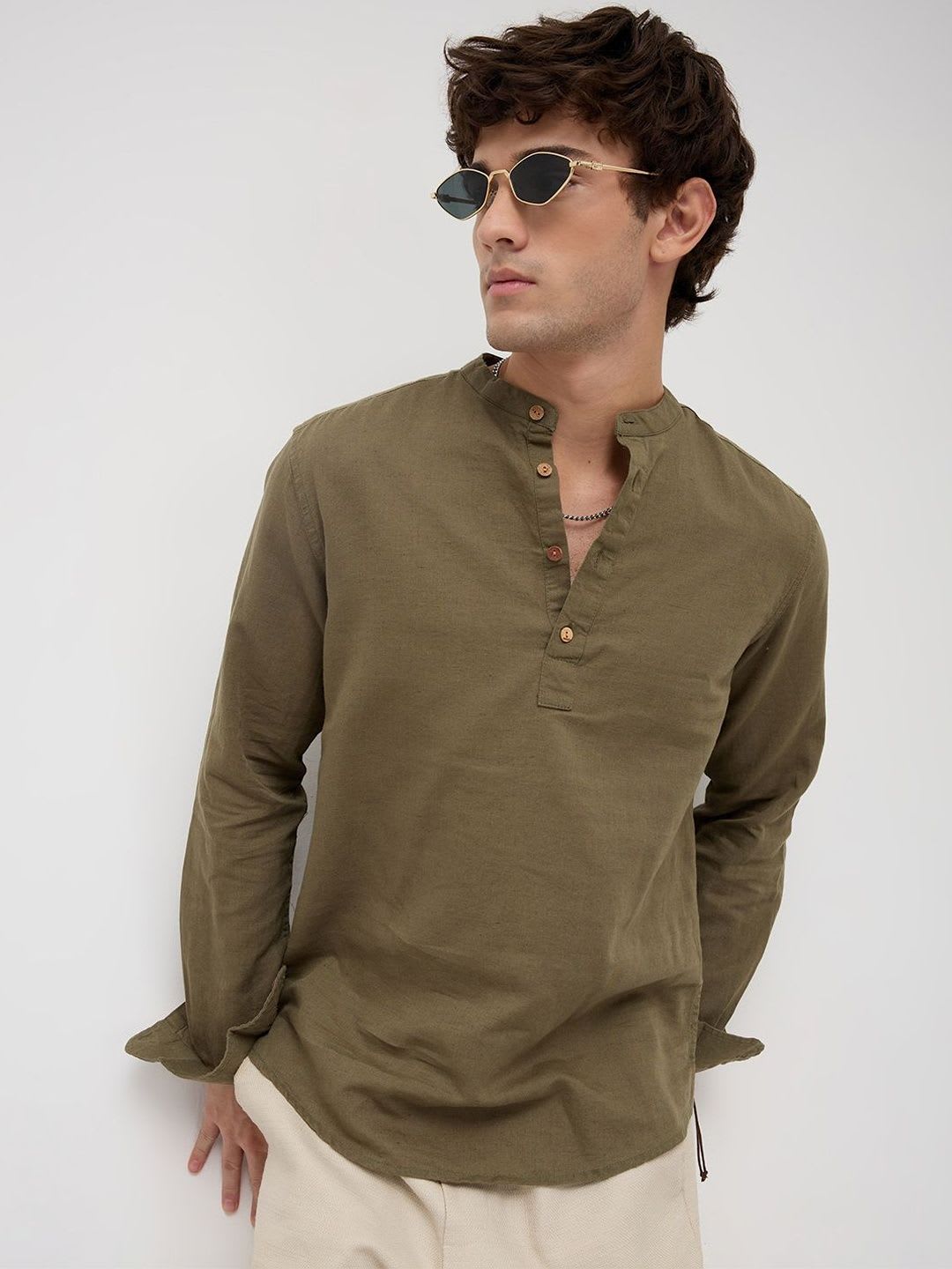 VASTRADO Luxe Olive Fine Sheer Linen Blend Kurta - default view