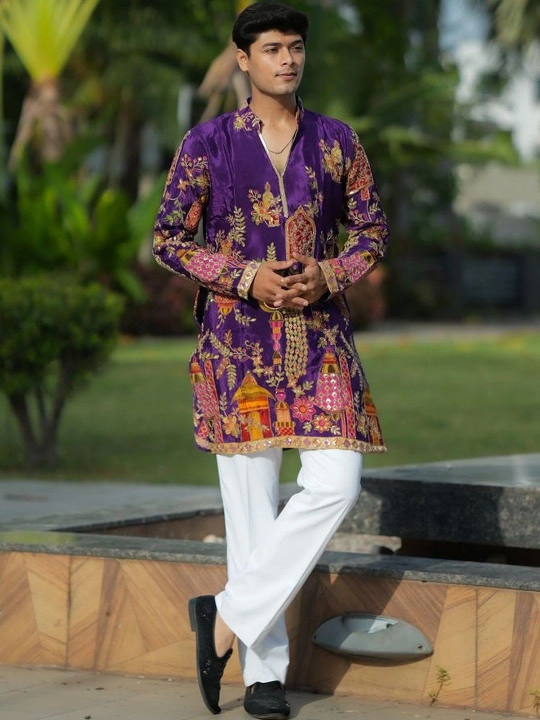 House Of Sanskruti Men Ethnic Motifs Embroidered Thread Work Grandeur & Majestic Artwork Crepe Kurta - default view