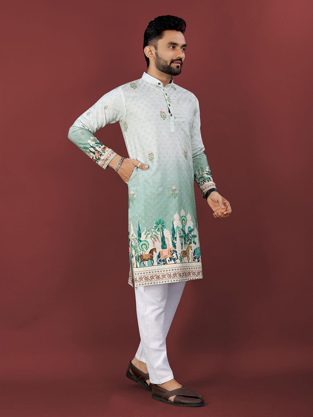 CHARLOTTE GRACIOUS Floral Printed Band Collar Sequinned Straight Kurta - back view