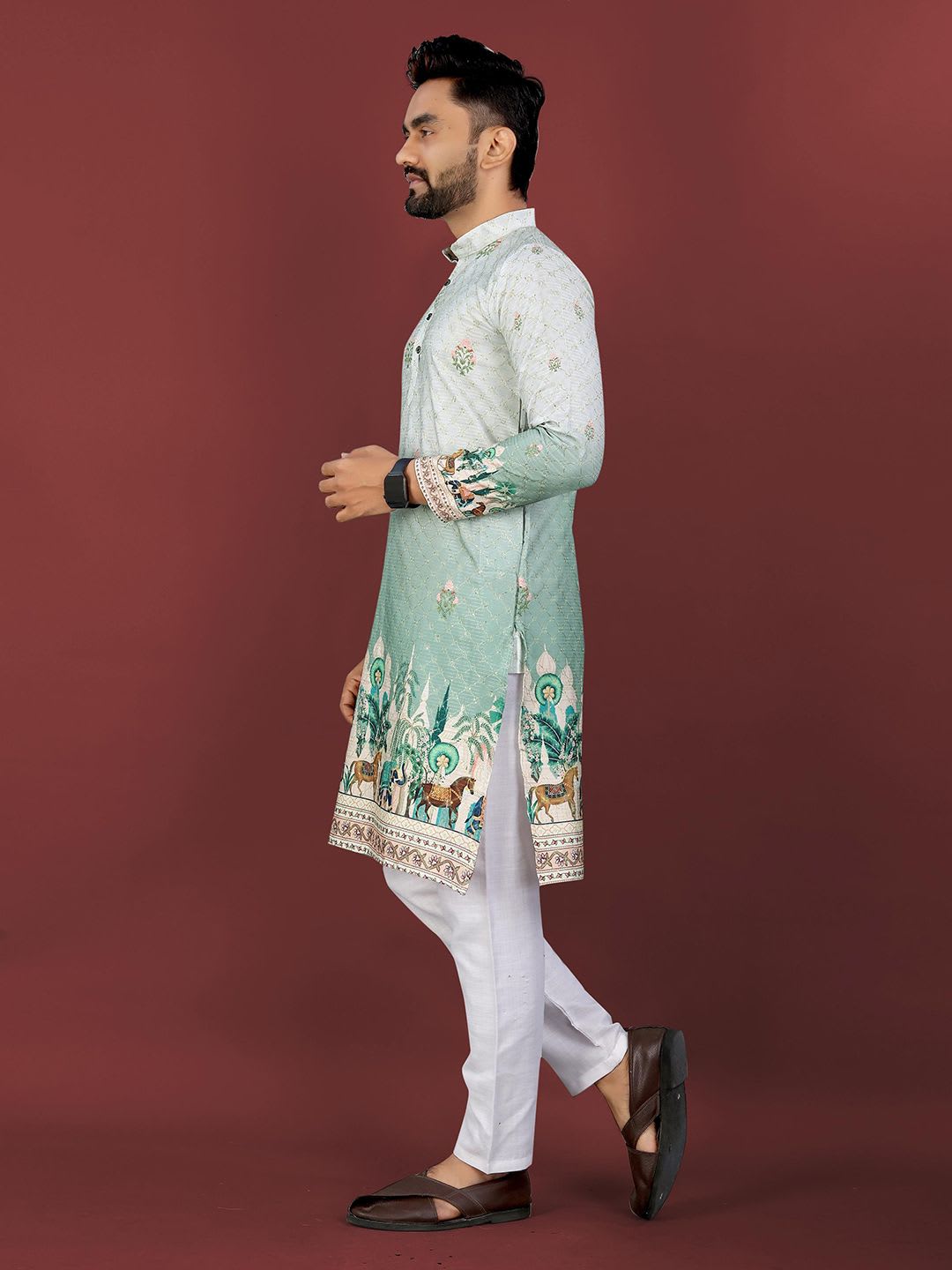 CHARLOTTE GRACIOUS Floral Printed Band Collar Sequinned Straight Kurta - right view