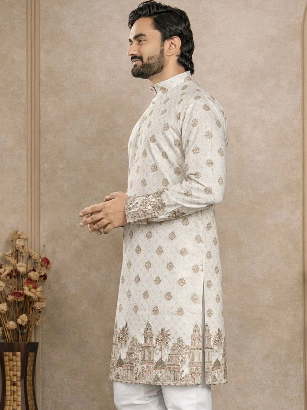 CELLUX Men Cotton Silk Mandarin Collar Kurta - right view