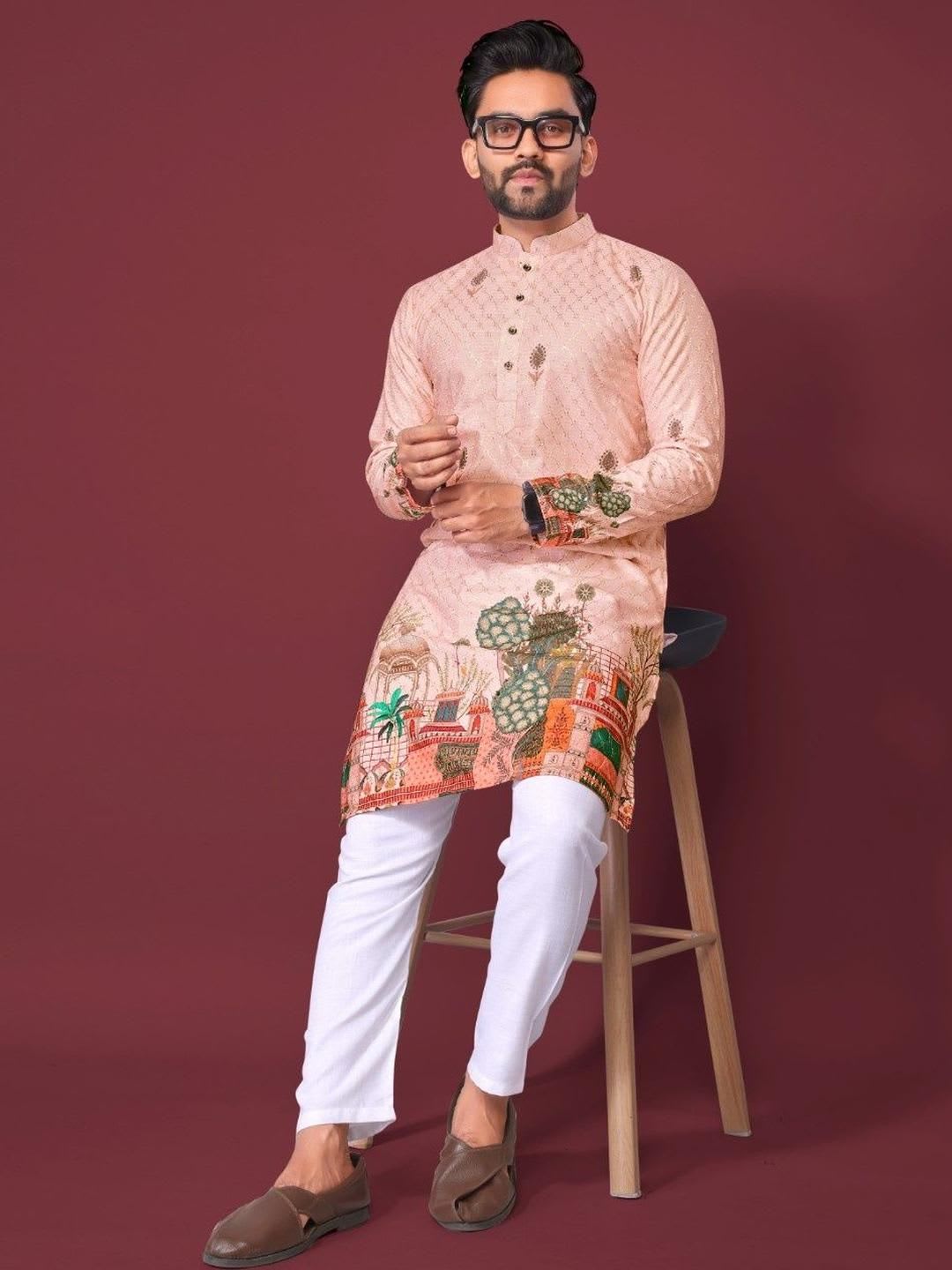 LADY BERRY Men Floral Printed Sequinned Shadow Work Kurta - default view