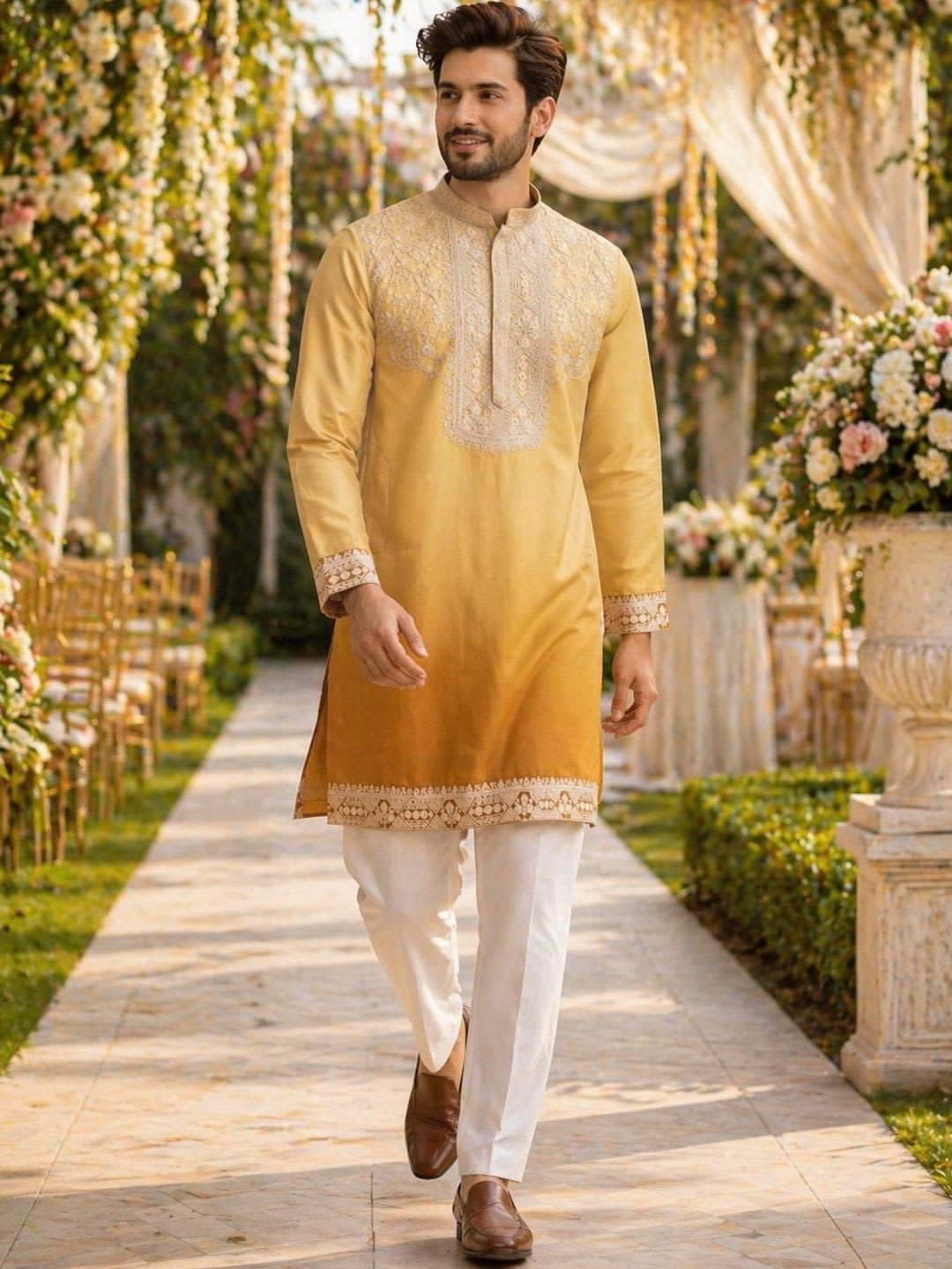 House of Pataudi Honey Gold Ombre with Ivory Embroidered Festive Straight Kurta - default view