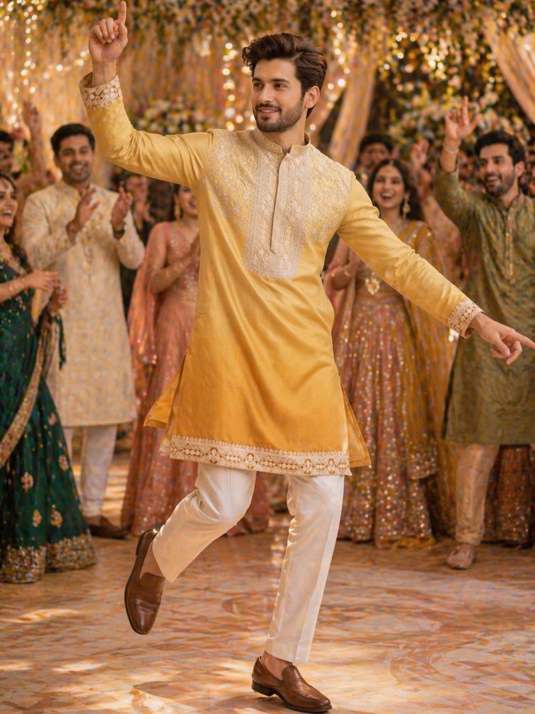 House of Pataudi Honey Gold Ombre with Ivory Embroidered Festive Straight Kurta - left view
