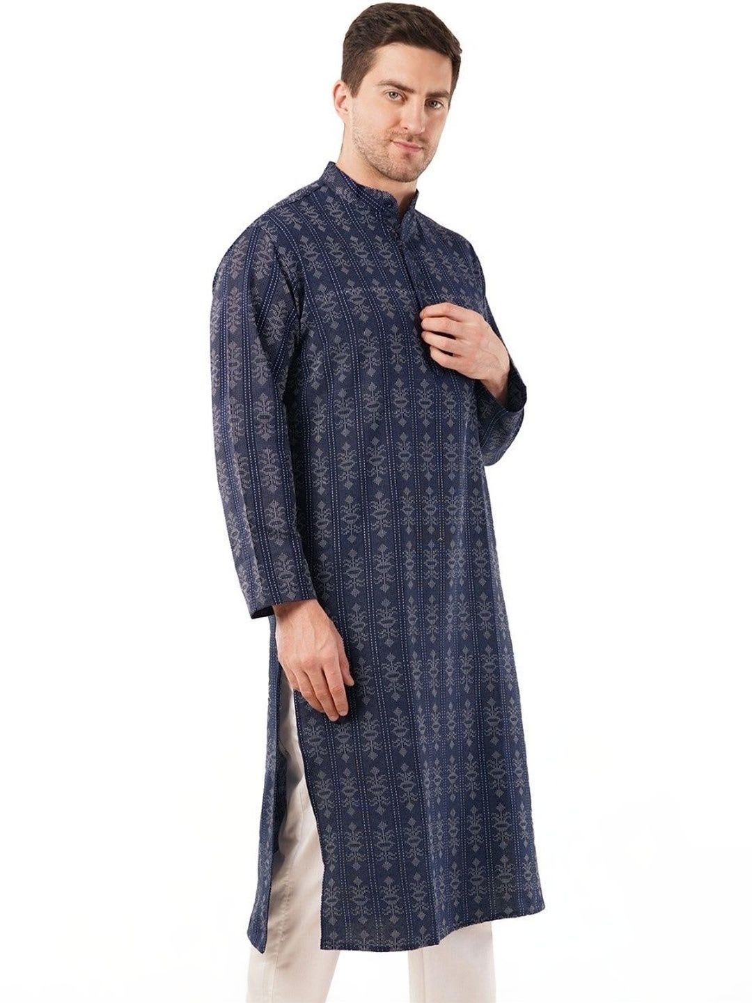 Khasmuda Attire Men Ethnic Motifs Printed Dobby Handloom Kurta - back view