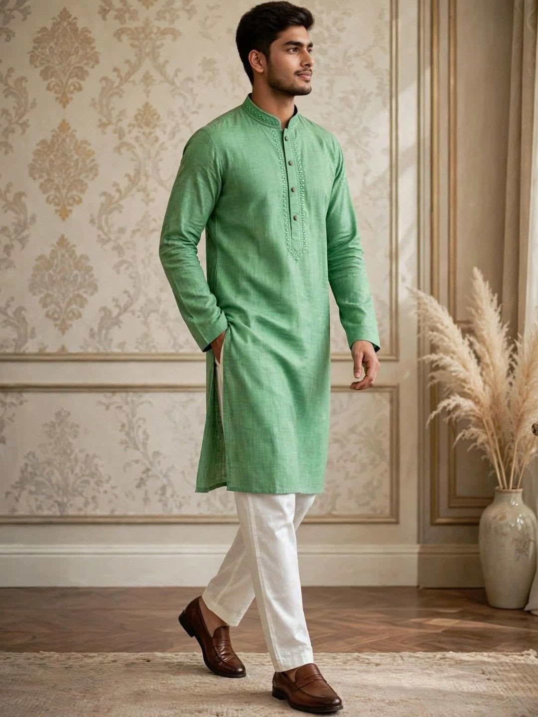 MEHWISH MAJESTIC Men Thread Work Handloom Kurta - back view
