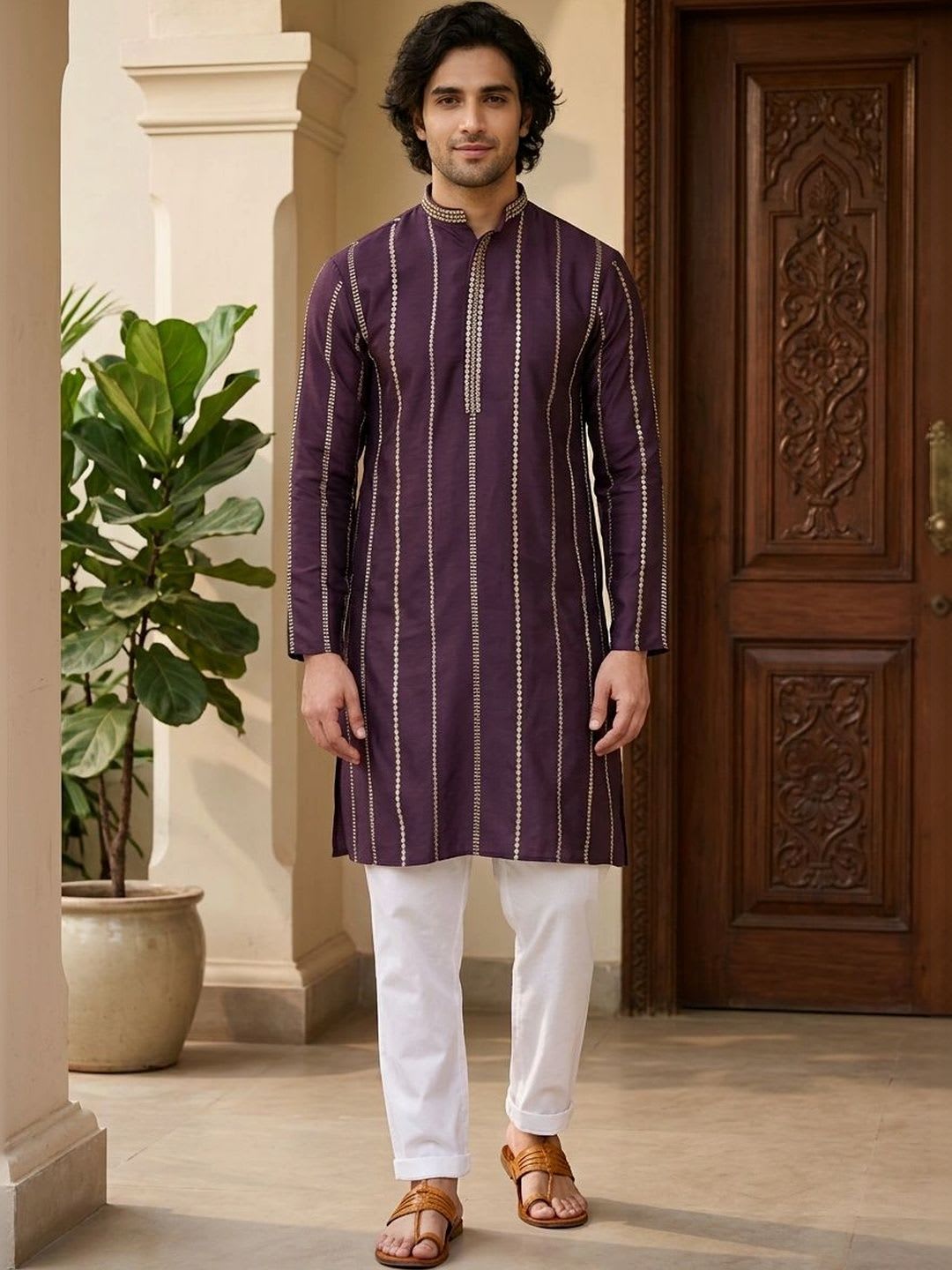 House of Pataudi Men Embroidered Thread Work Chanderi Silk Kurta - default view