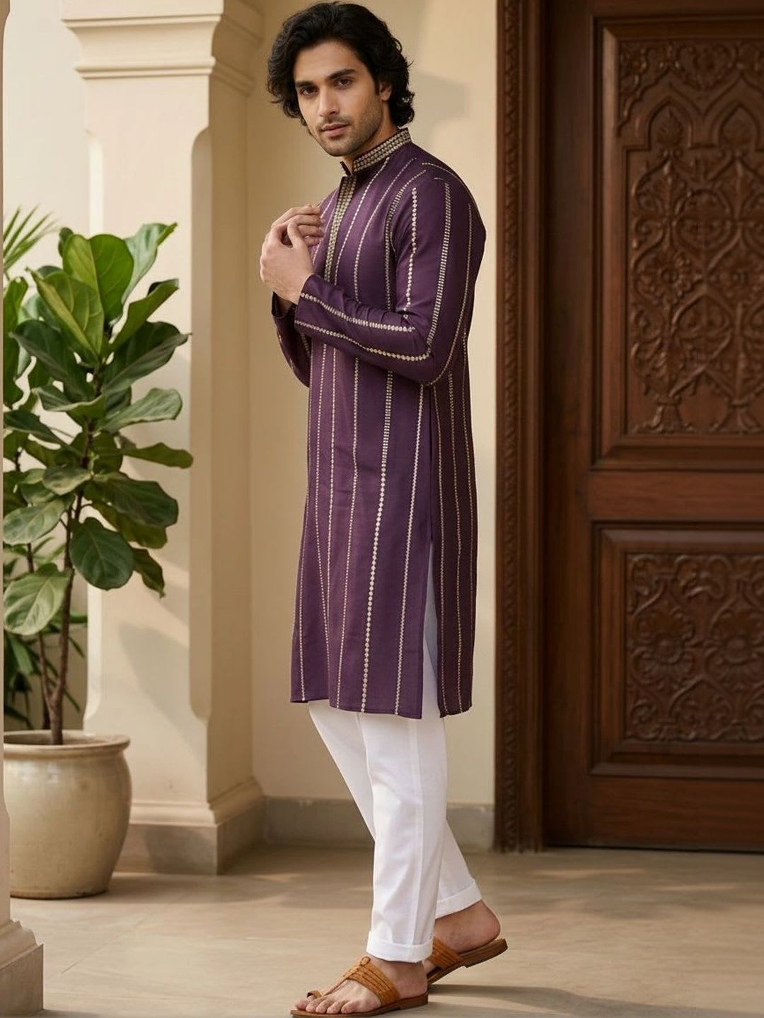 House of Pataudi Men Embroidered Thread Work Chanderi Silk Kurta - back view