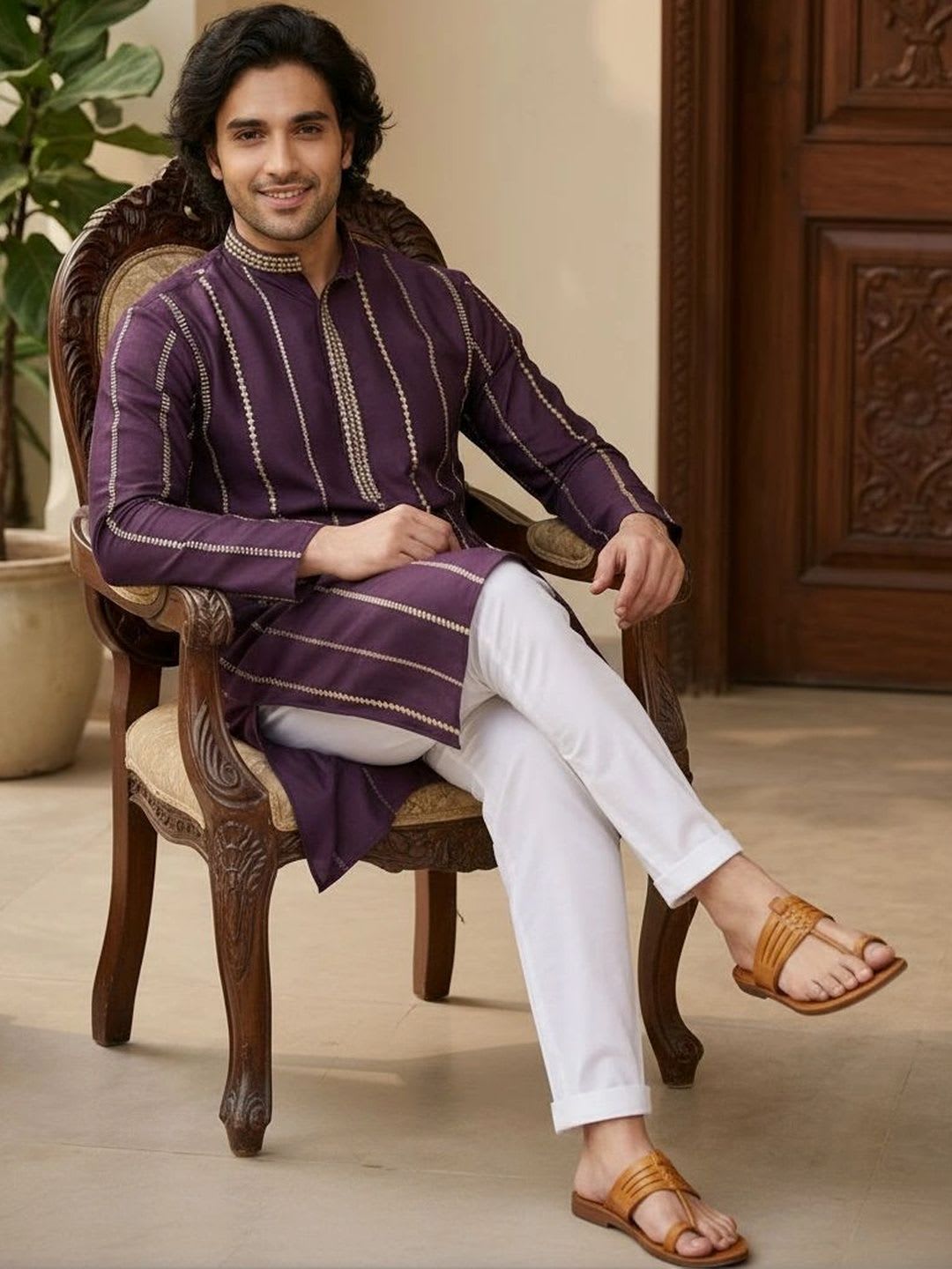 House of Pataudi Men Embroidered Thread Work Chanderi Silk Kurta - left view
