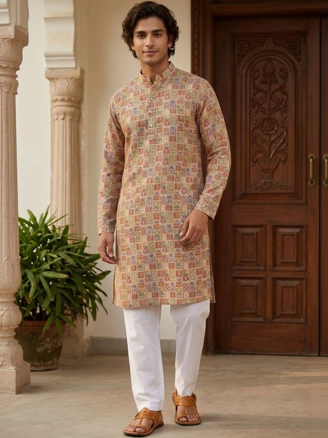 House of Pataudi Men Geometric Printed Indie Prints Kurta - default view