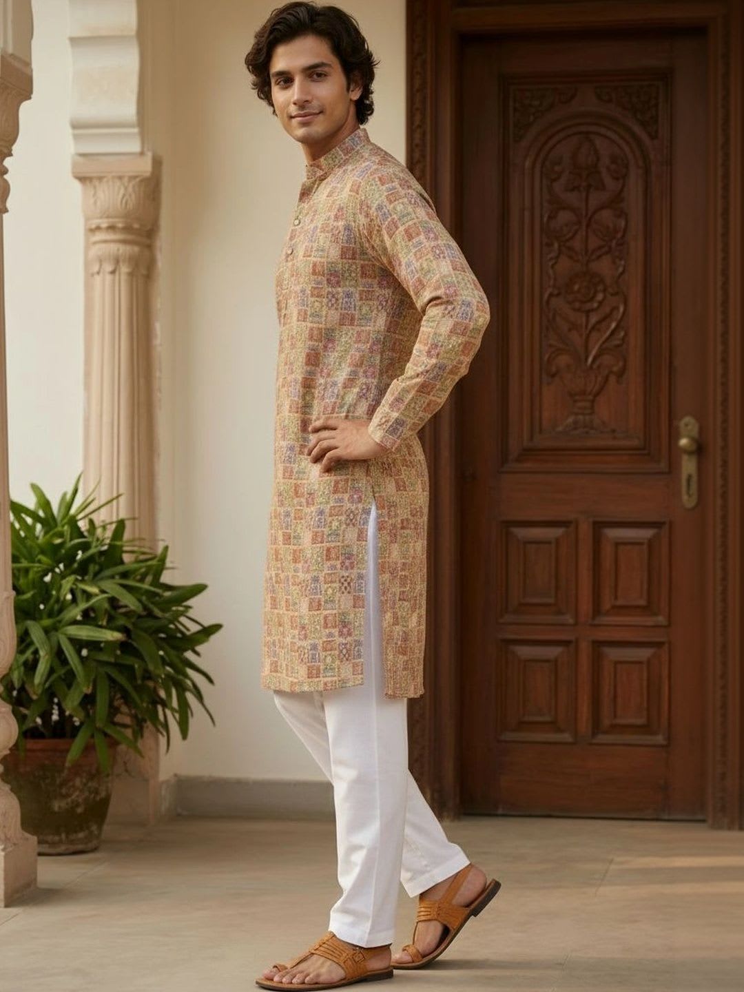 House of Pataudi Men Geometric Printed Indie Prints Kurta - back view