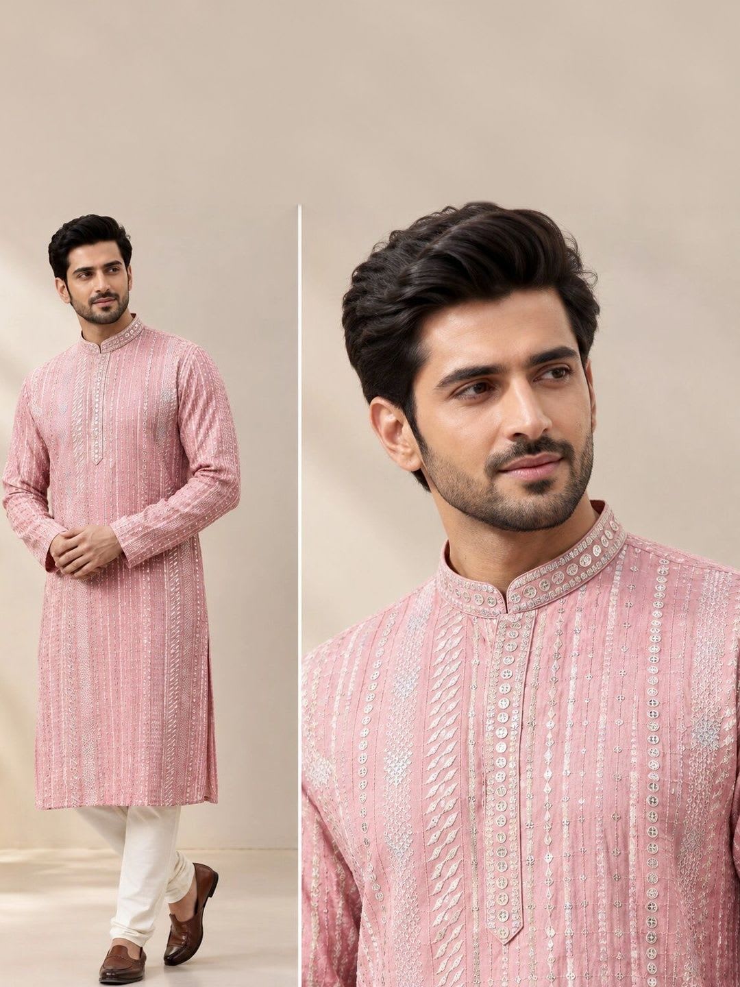 The Dapperman Men Ethnic Motifs Embroidered Thread Work Dobby Kurta - default view