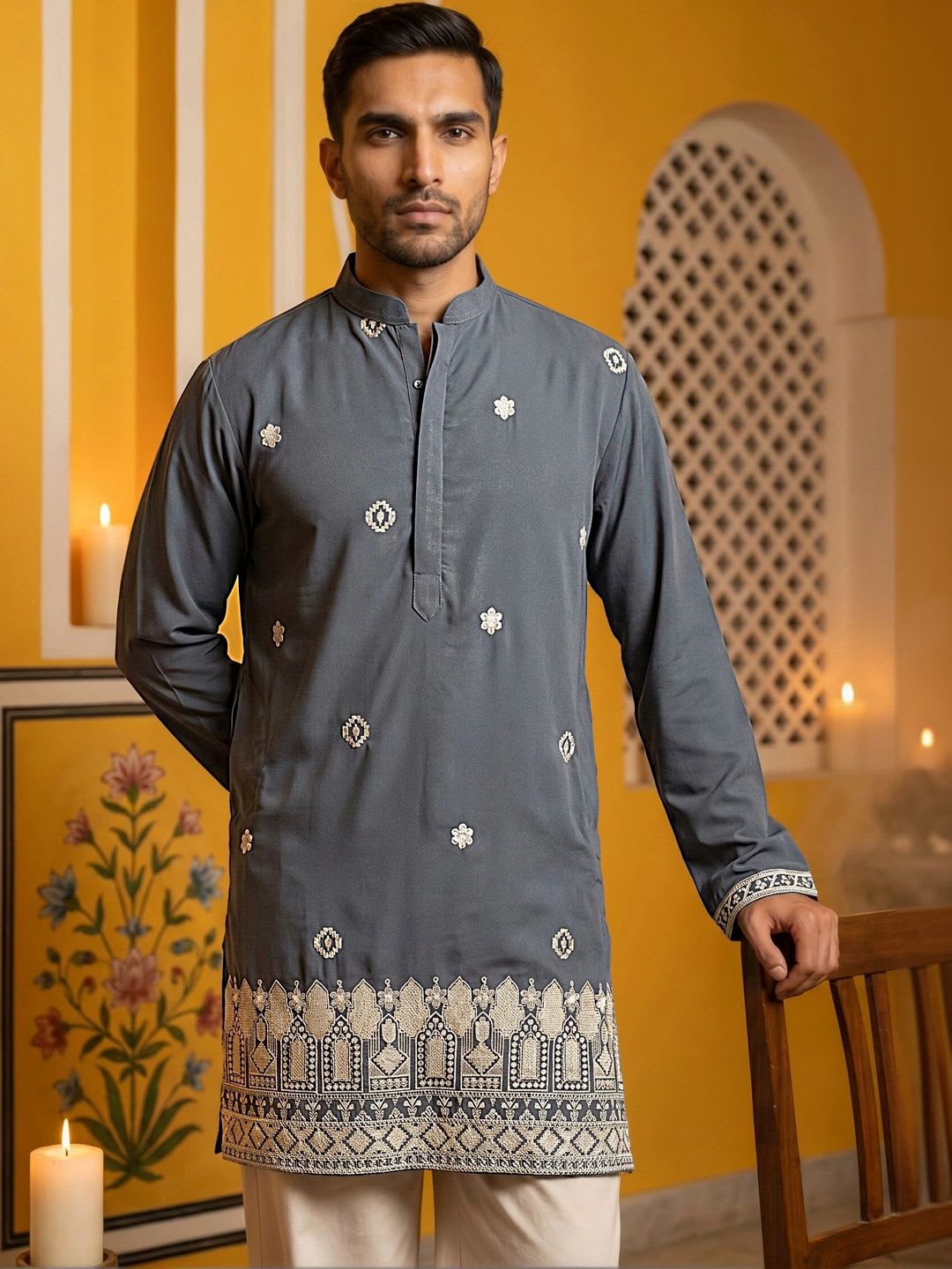Jompers Men Ethnic Motifs Embellished Grandeur & Majestic Artwork Kurta - default view