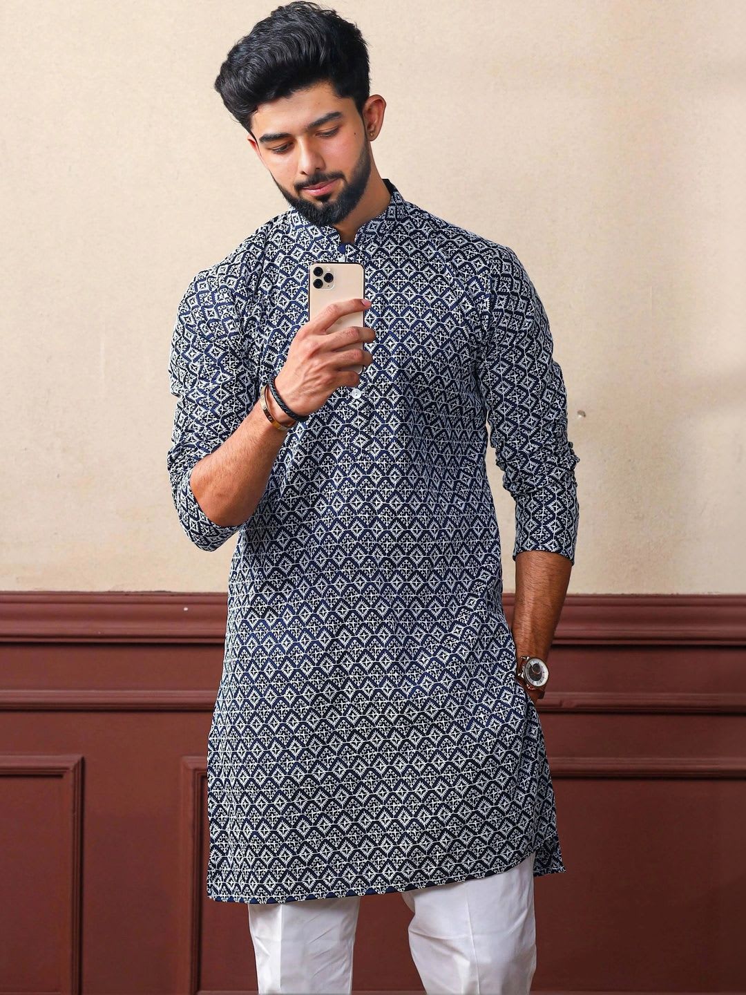 ALMORA LIFESTYLE Men Geometric Printed Indie Prints Handloom Kurta - default view