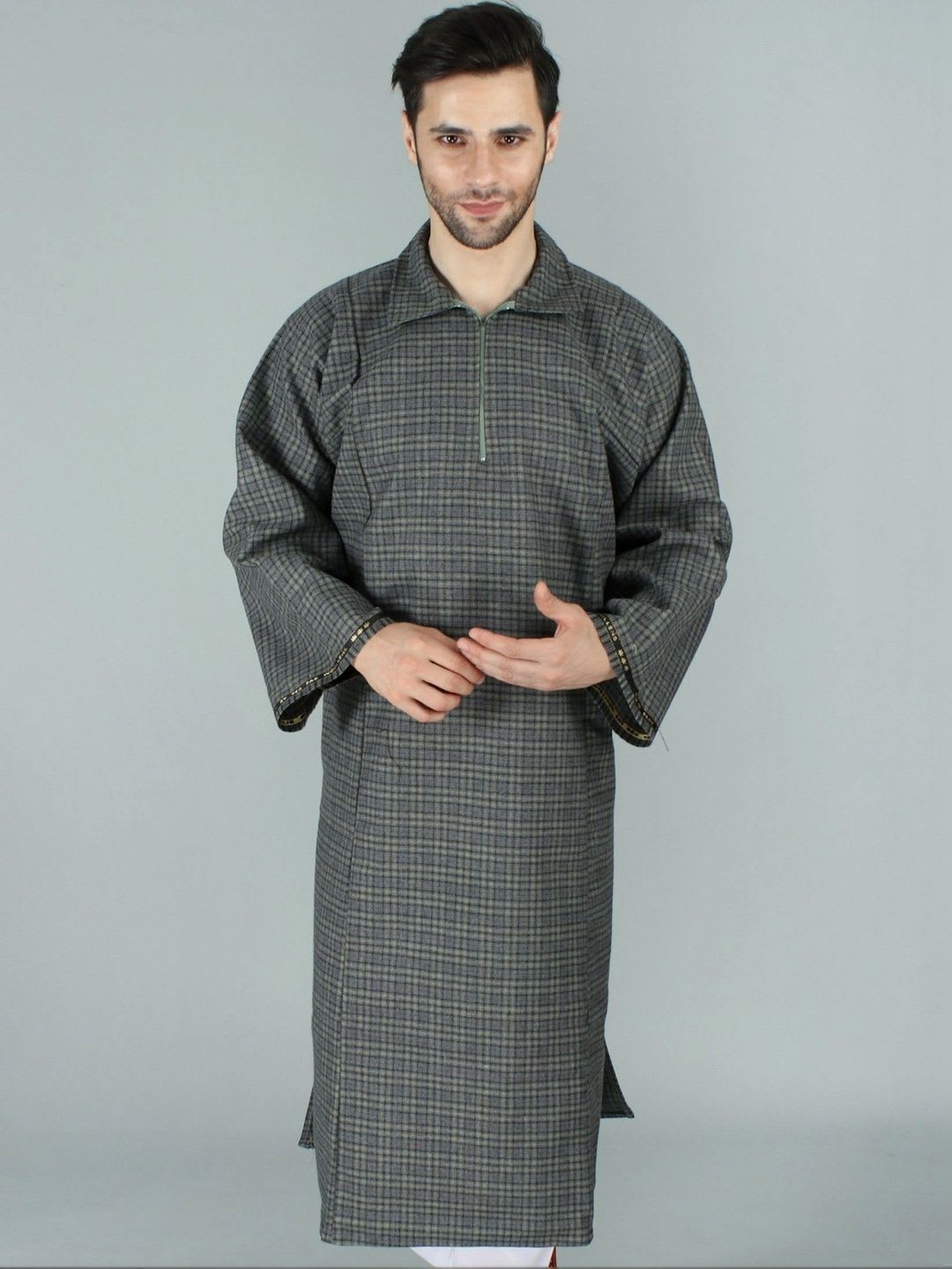 Exotic India Men Checked Handloom Woollen Kurta - default view