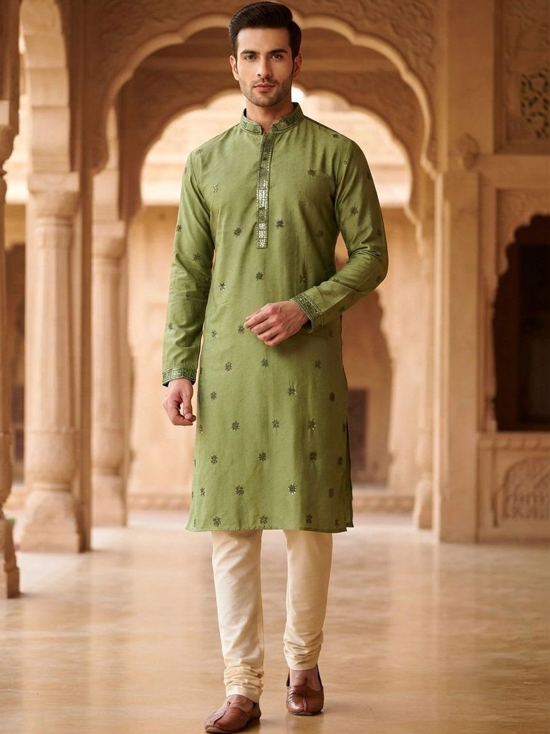 Shiv Leela Men Sequinned Chanderi Silk Kurta - default view