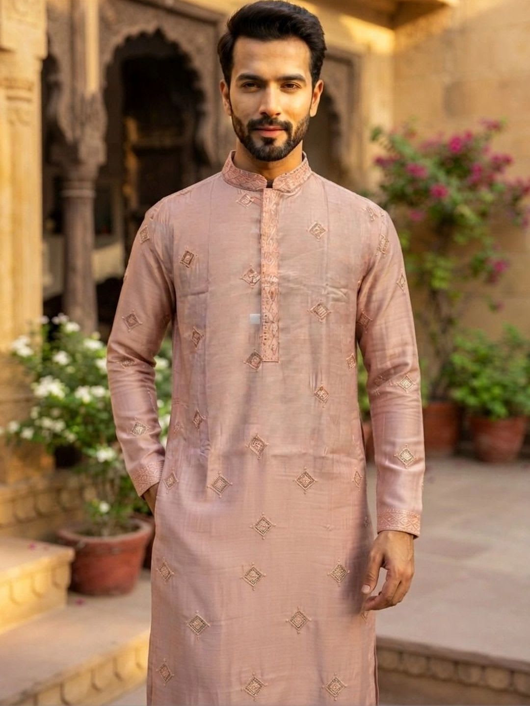 Shiv Leela Men Ethnic Motifs Embroidered Thread Work Chanderi Silk Kurta - default view