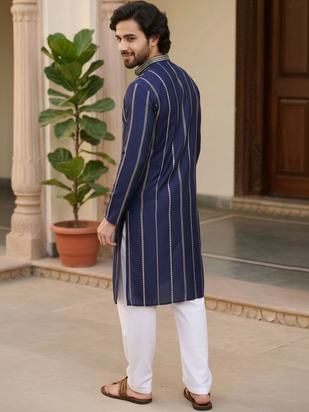 House of Pataudi Men Embroidered Thread Work Chanderi Silk Kurta - right view