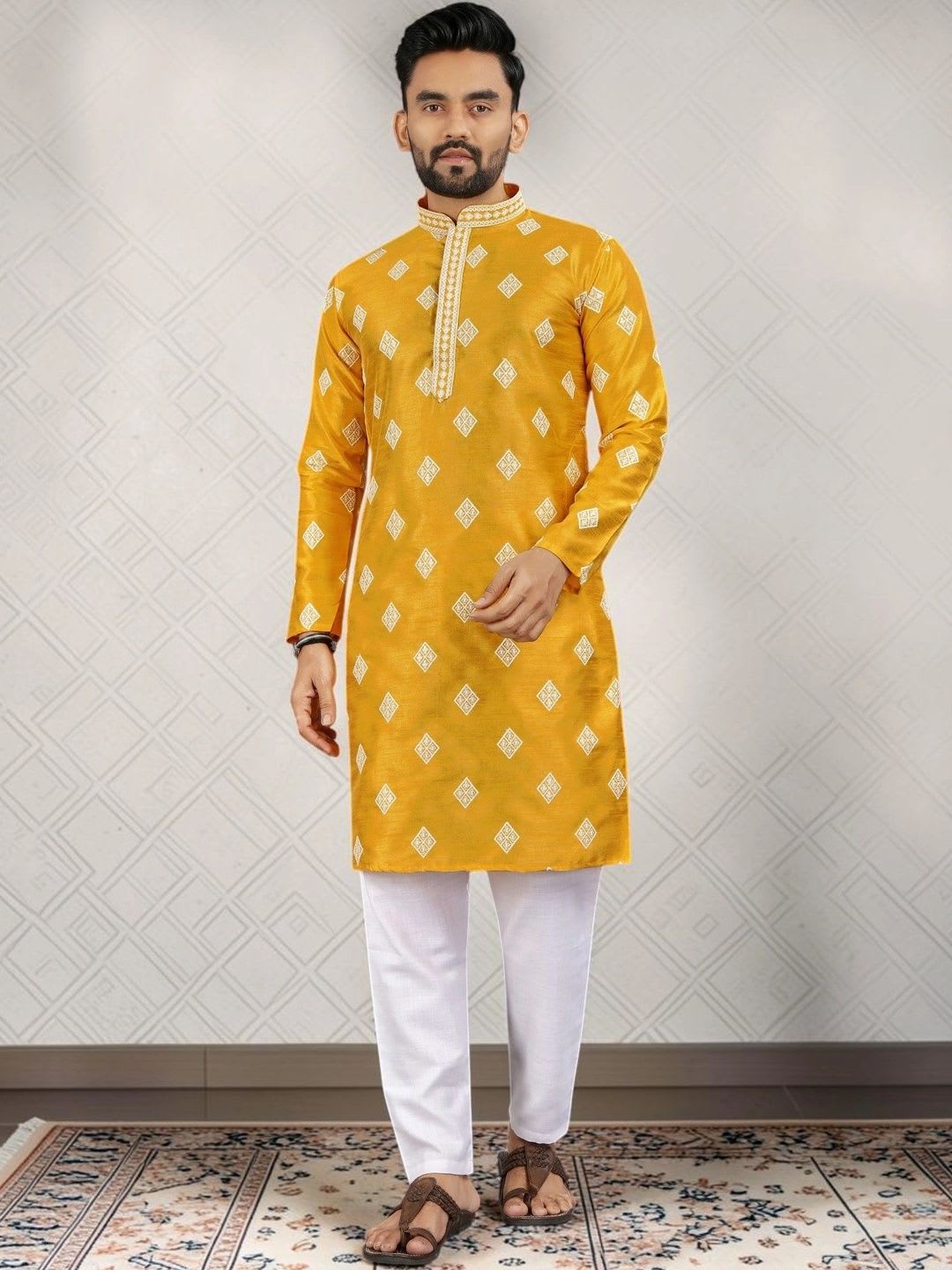 YUVAGRAM Men Geometric Embroidered Thread Work Kurta - default view