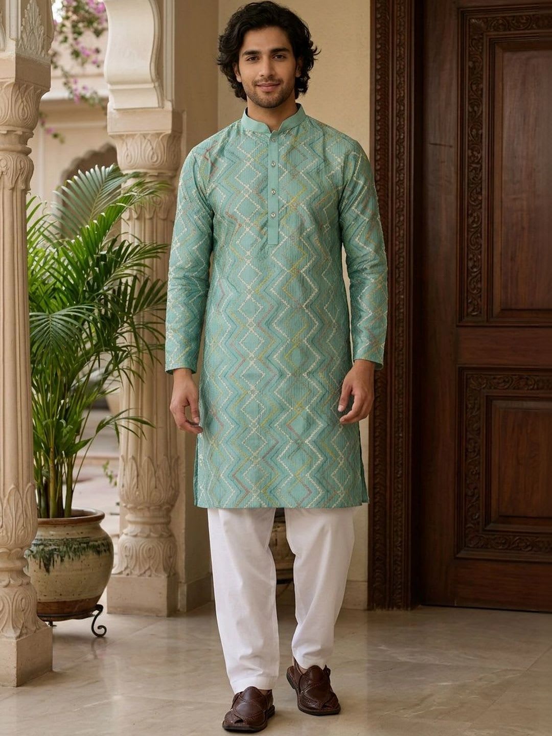 Anouk Men Long Sleeves Mandarin Collar Geometric Embroidered Kurta - default view