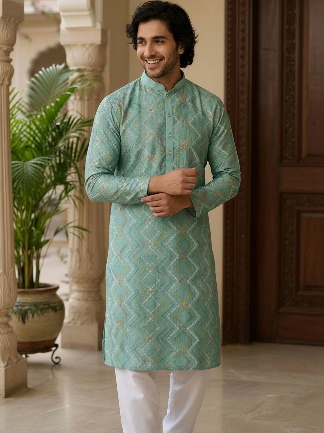 Anouk Men Long Sleeves Mandarin Collar Geometric Embroidered Kurta - back view