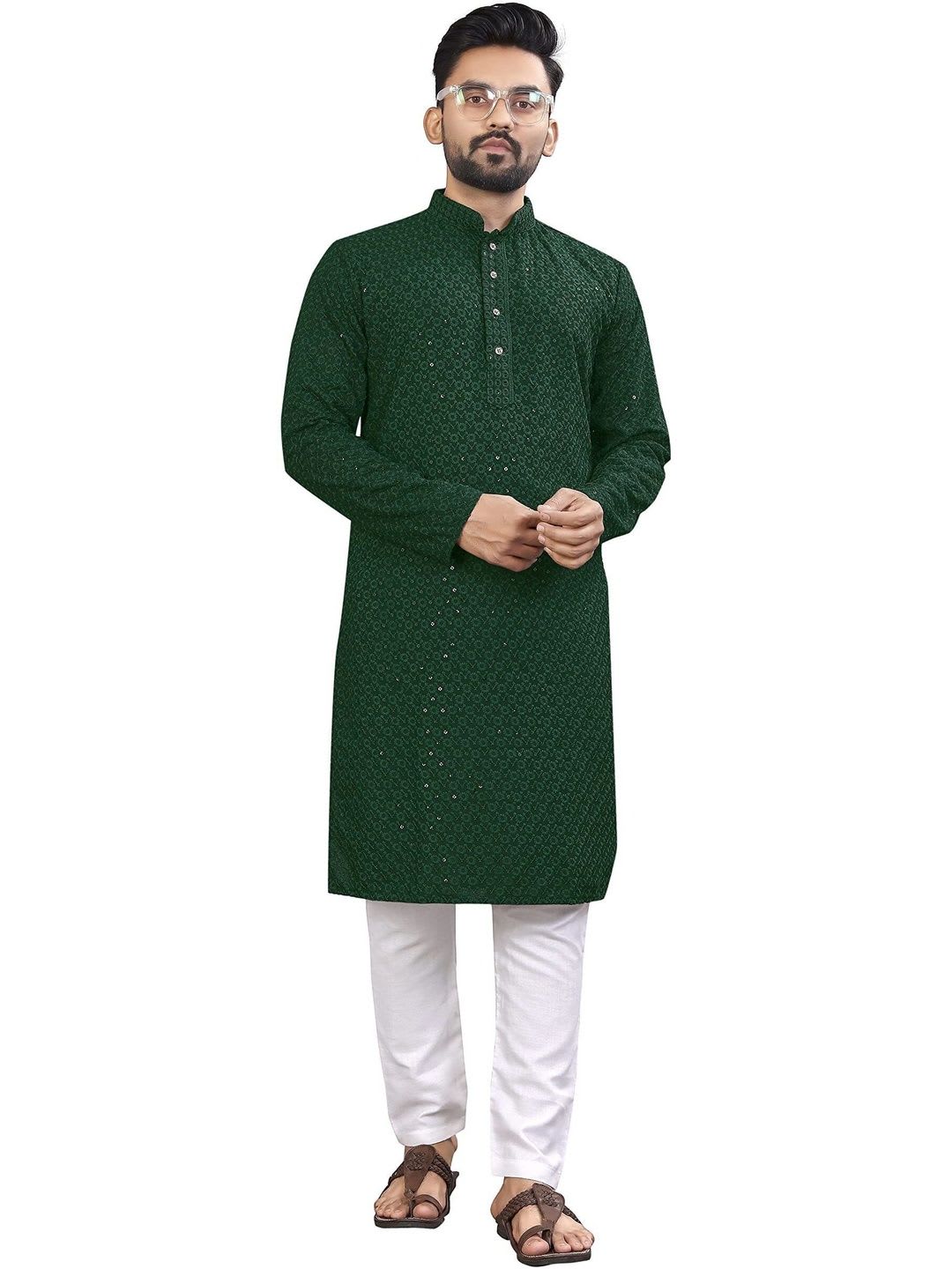 ALMORA LIFESTYLE Men Sequinned Handloom Kurta - default view