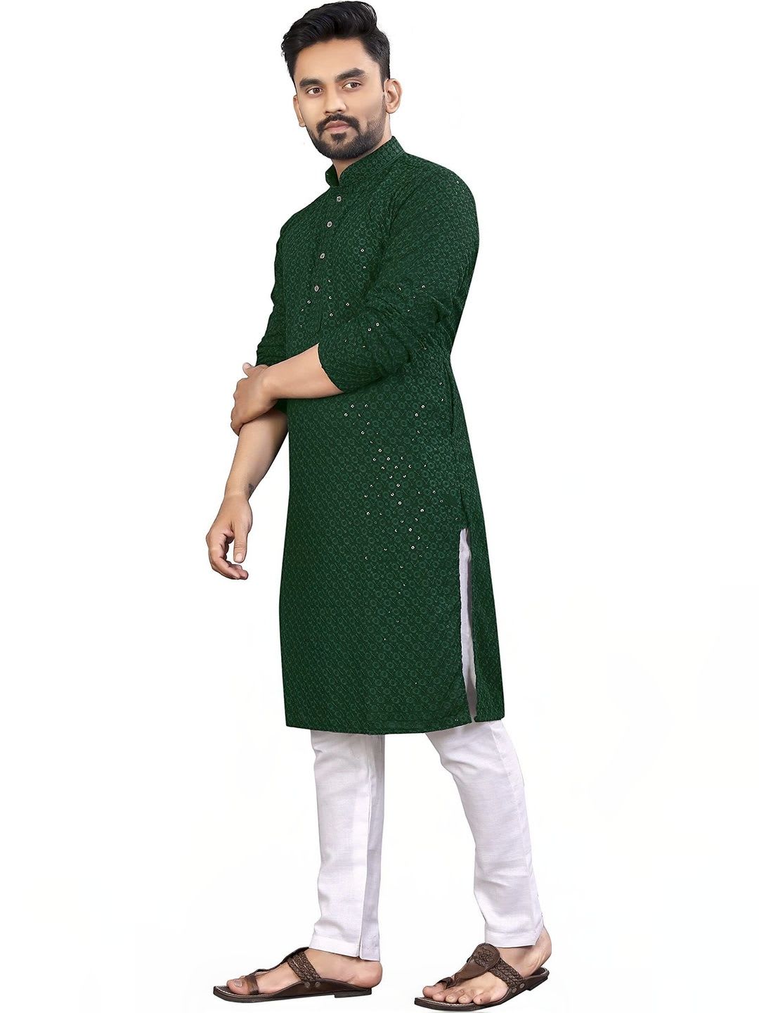 ALMORA LIFESTYLE Men Sequinned Handloom Kurta - back view