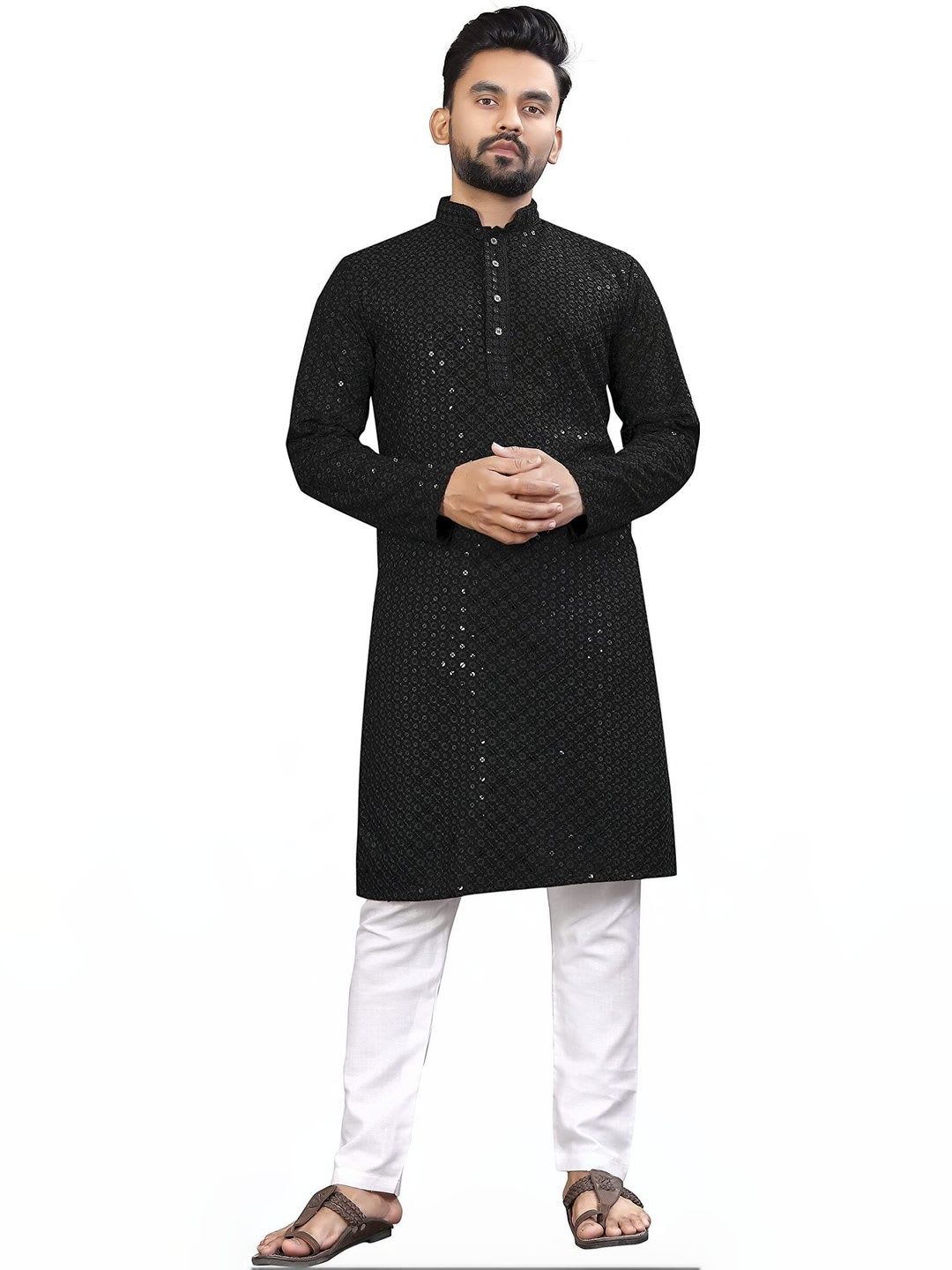 ALMORA LIFESTYLE Men Embellished Sequinned Handloom Kurta - default view
