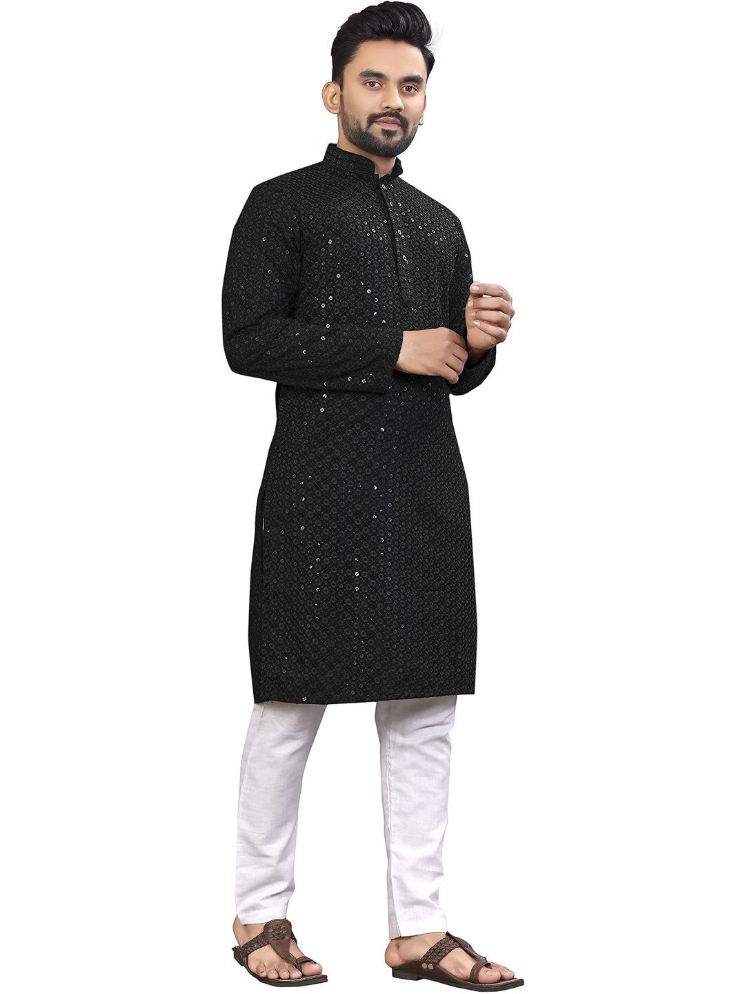ALMORA LIFESTYLE Men Embellished Sequinned Handloom Kurta - back view