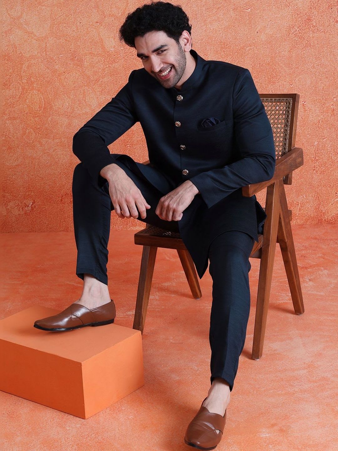 KISAH Solid Blue Mandarin Collar Knee Length Sherwani - default view